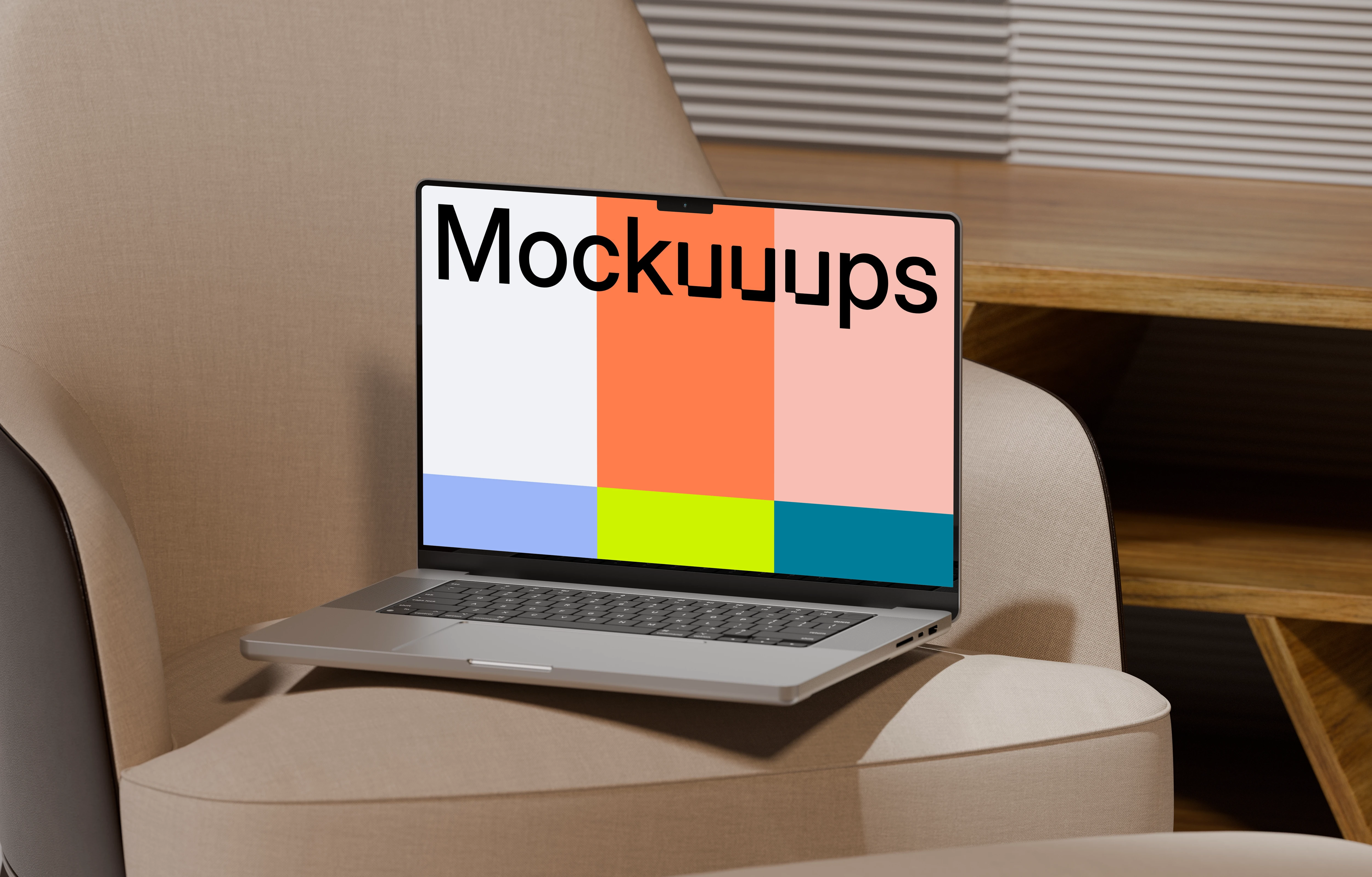 MacBook Pro mockup on a modern armchair