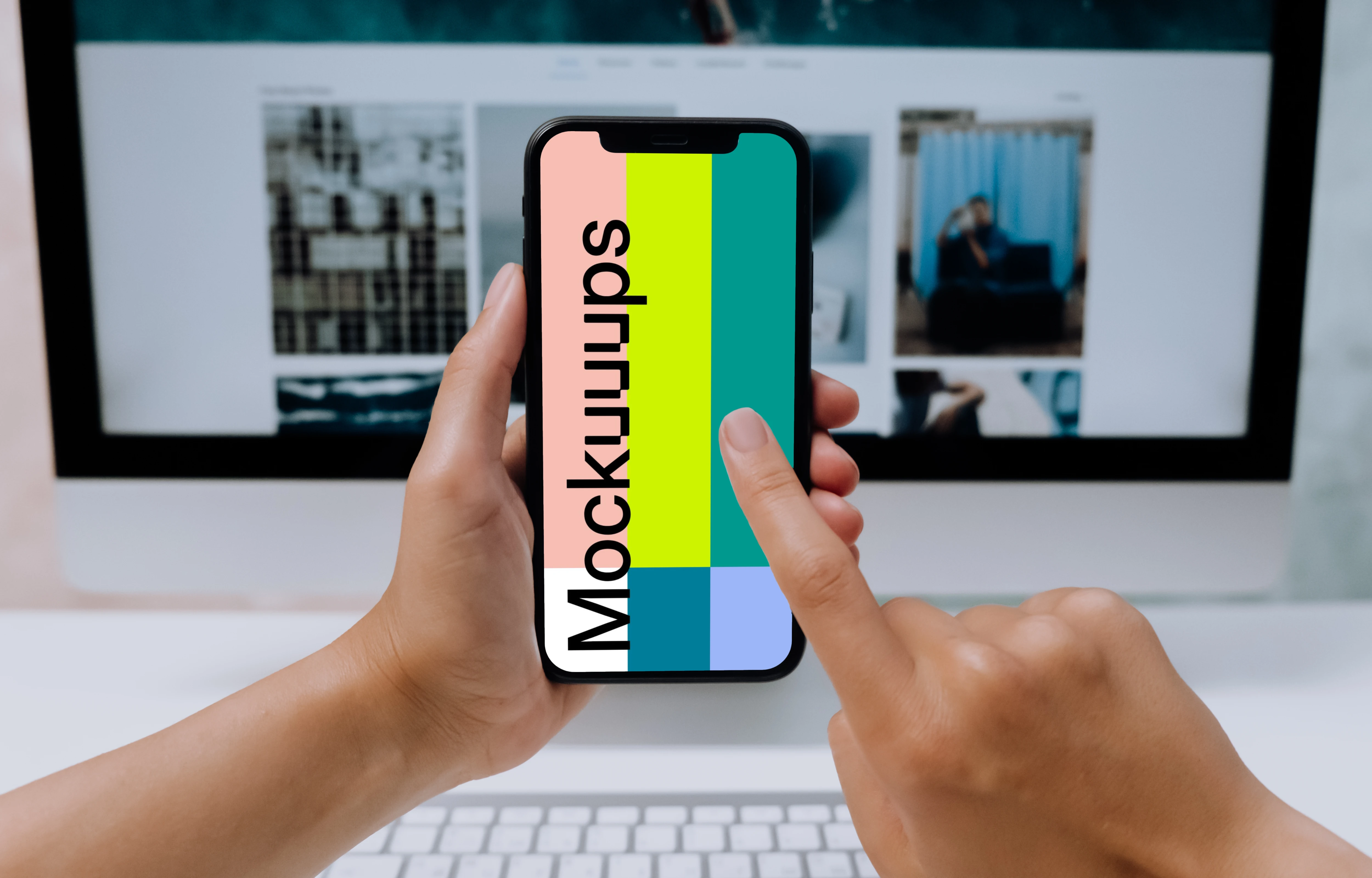 Person hands typing on an iPhone 12 mockup