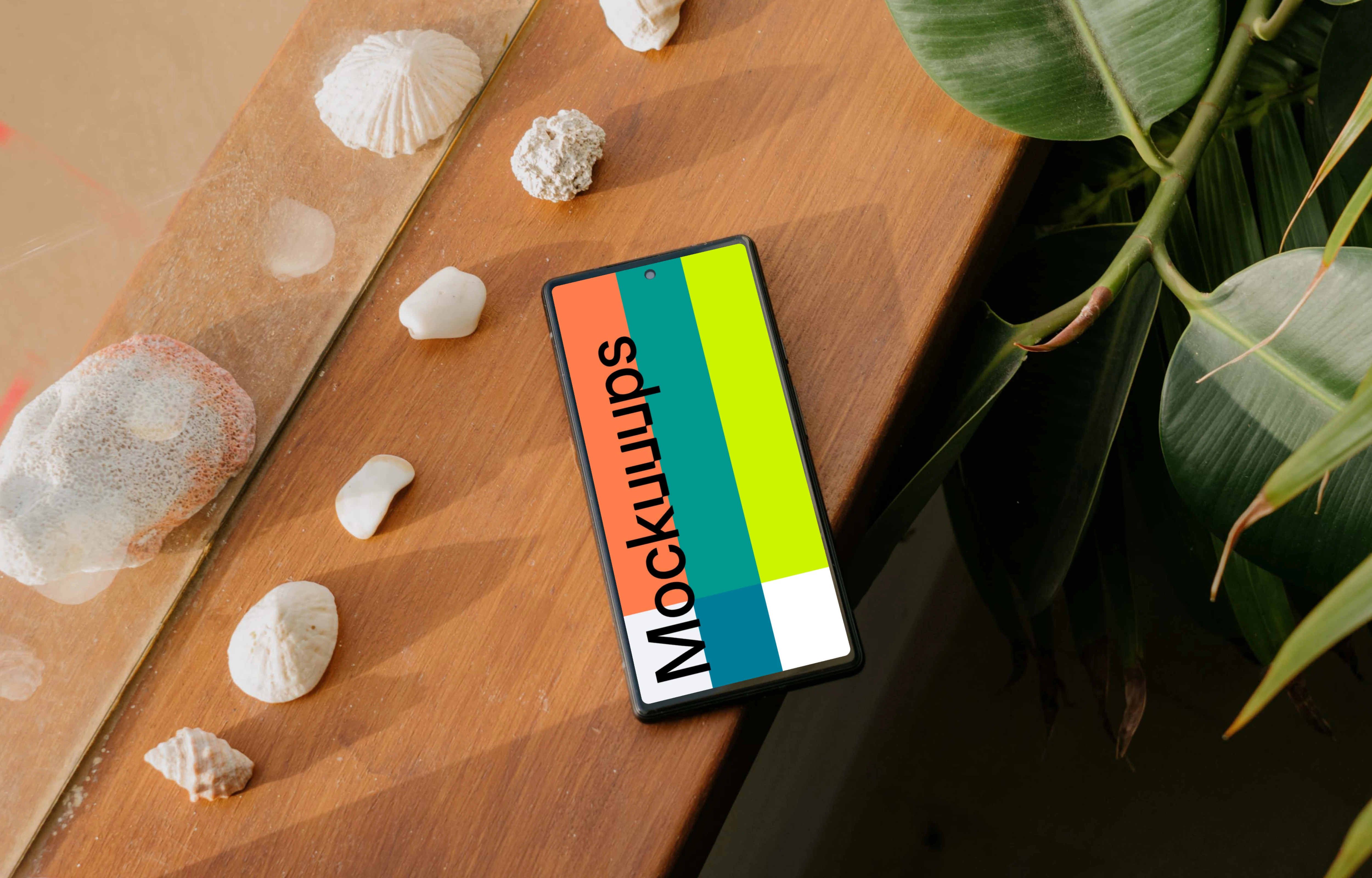 Pixel 6 mockup beside some seashells