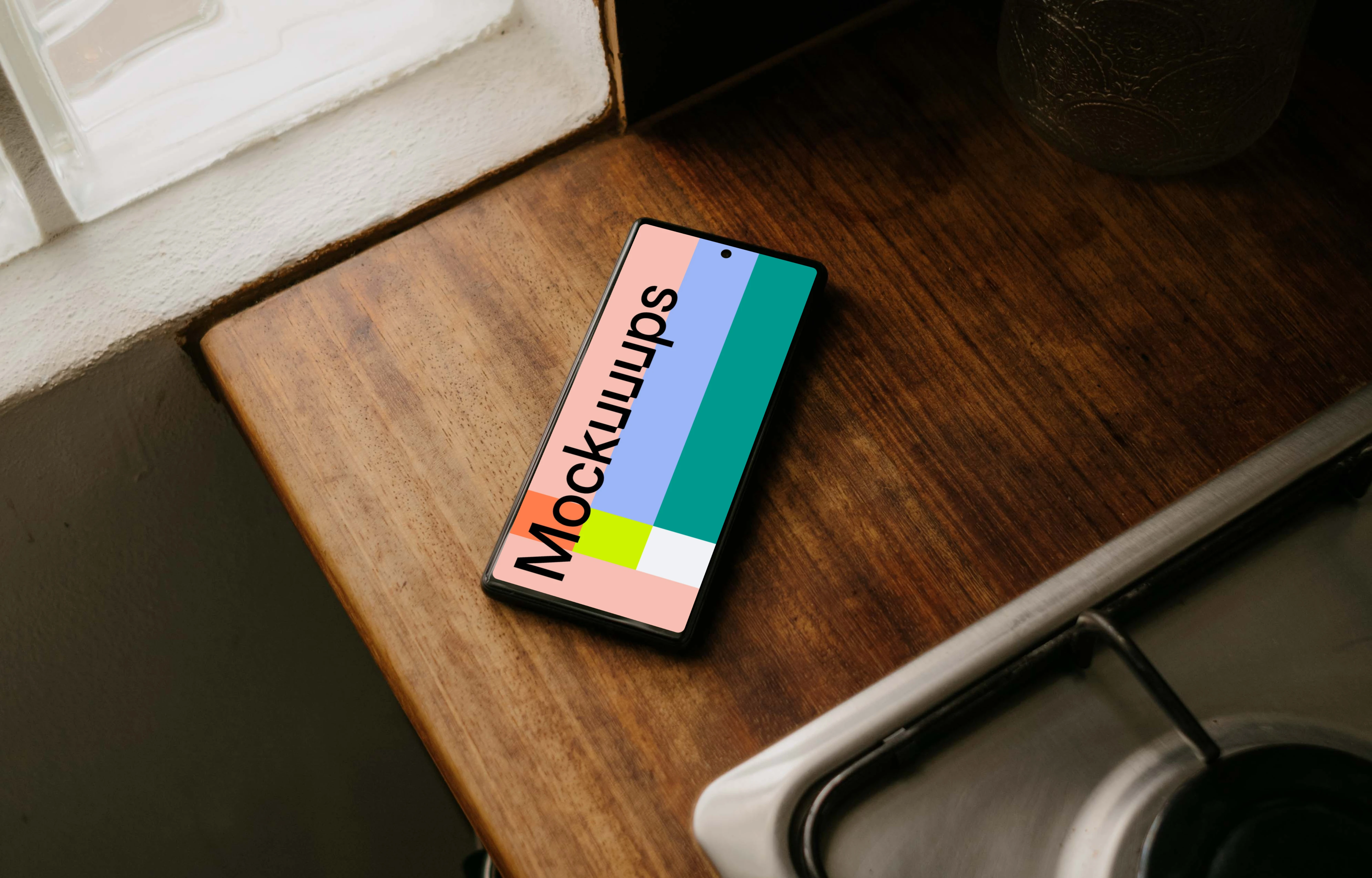 Pixel 6 mockup on a kitchen counter