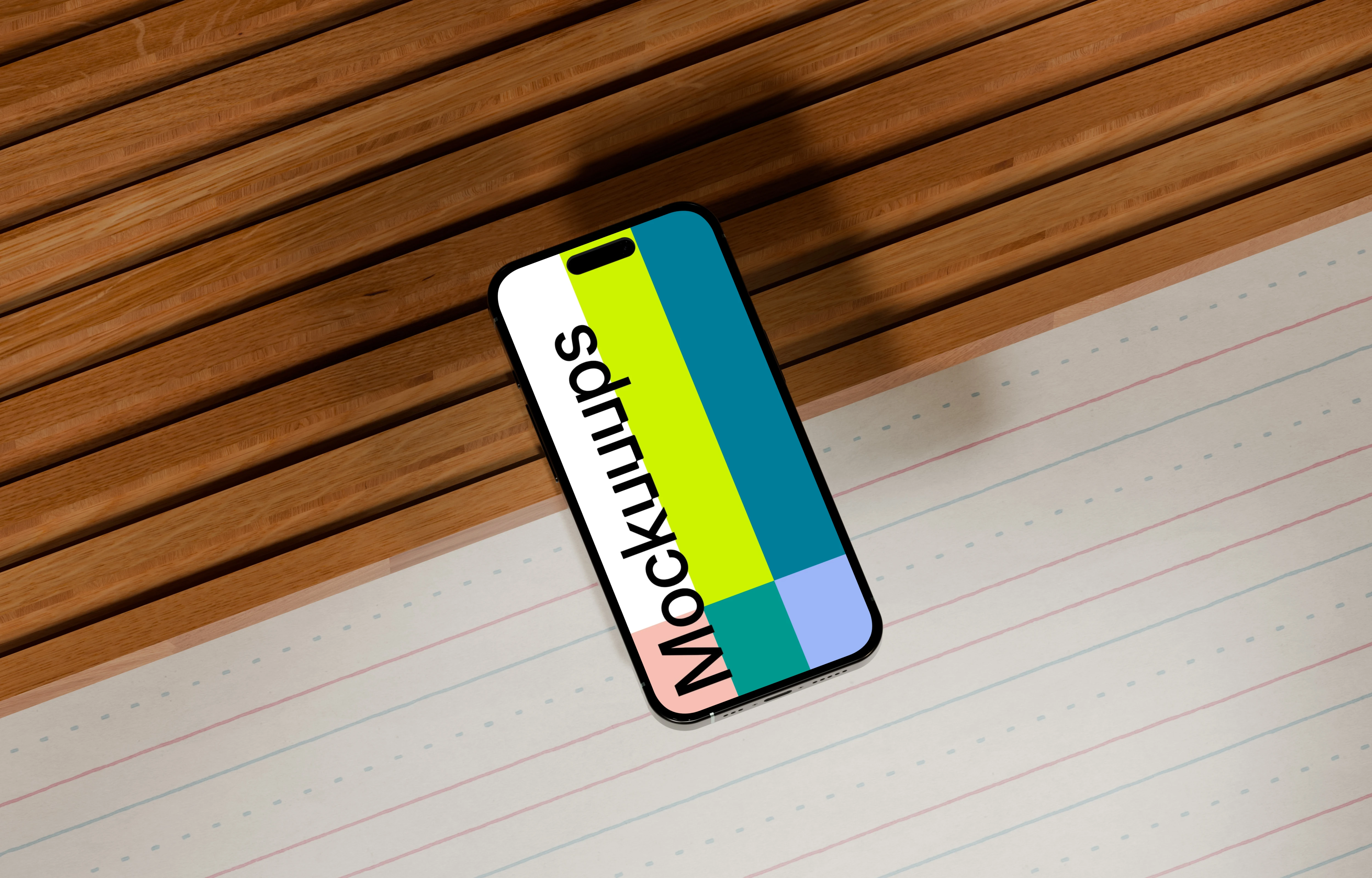 iPhone 16 mockup on a wooden desk
