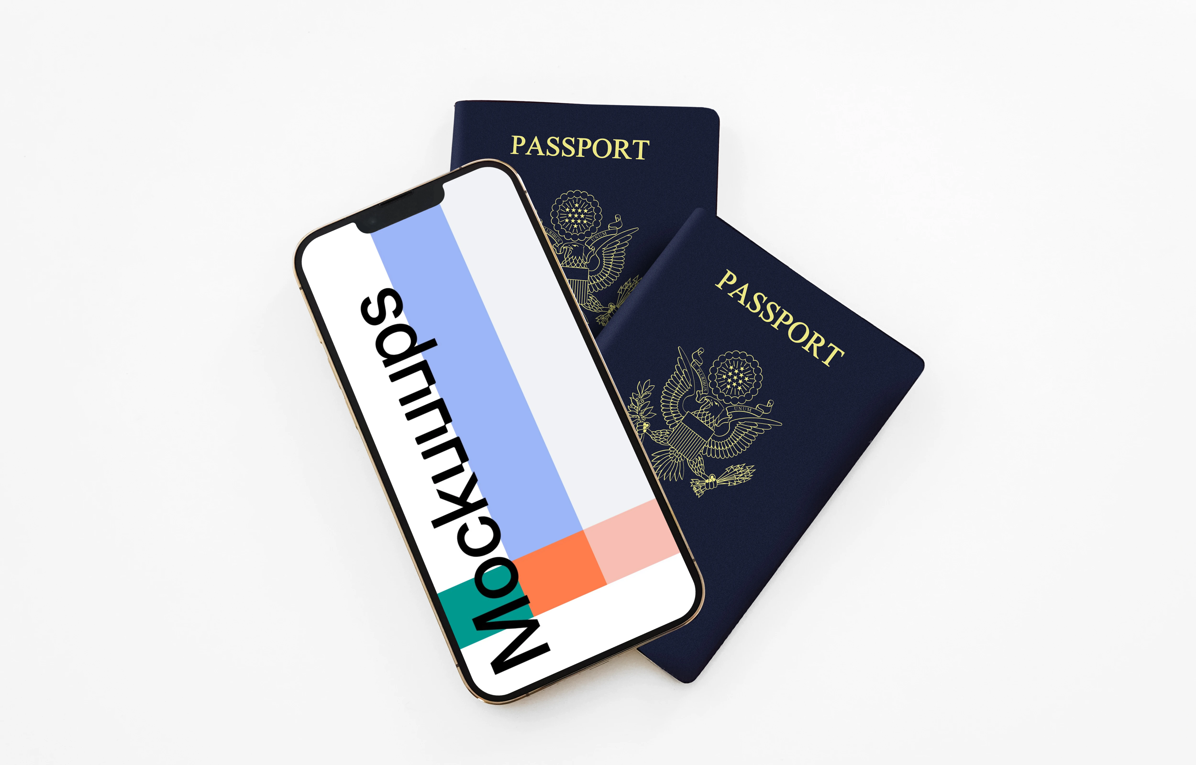iPhone 13 mockup placed on two US passports 