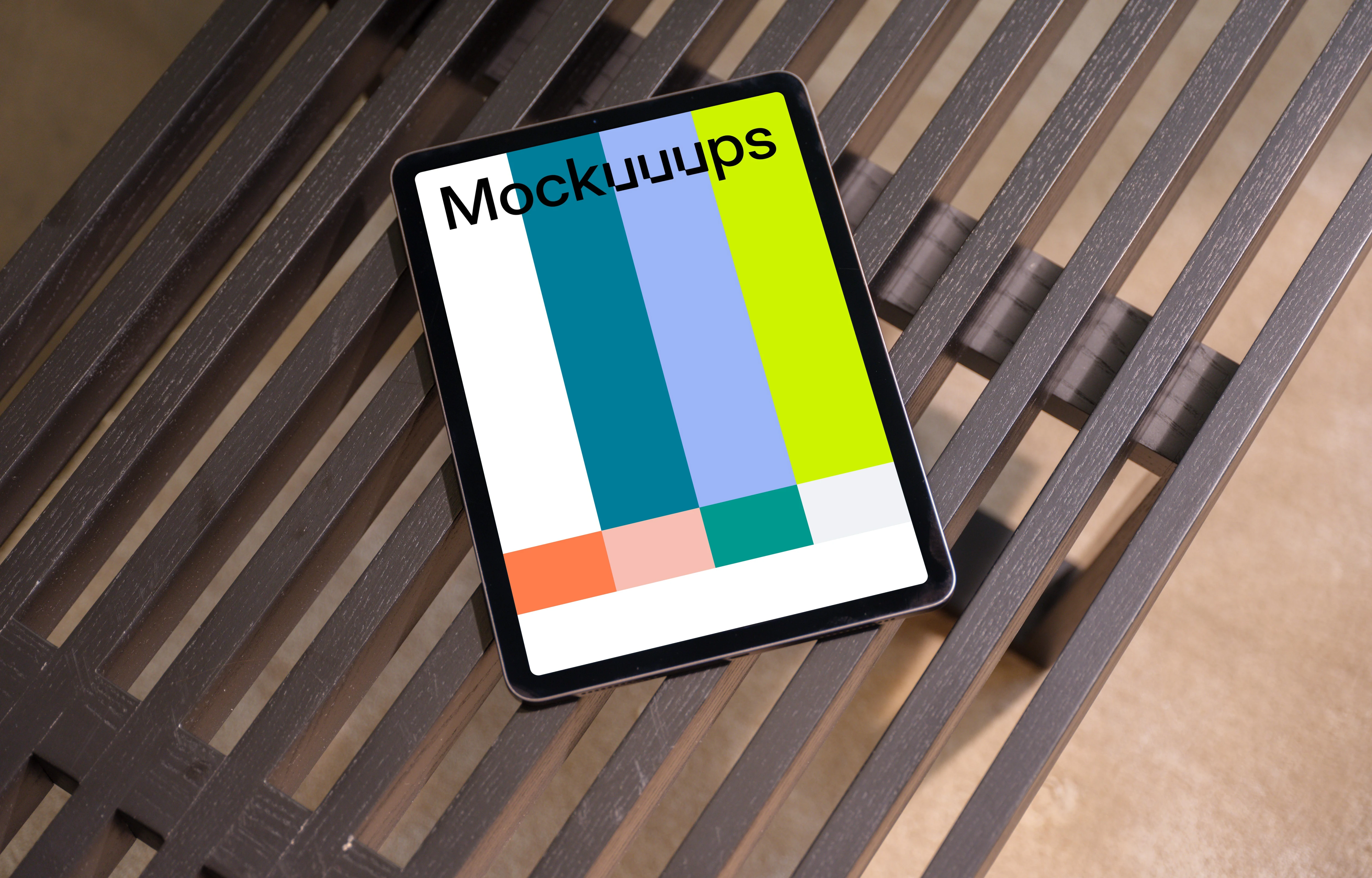 iPad Air mockup on modern wooden bench