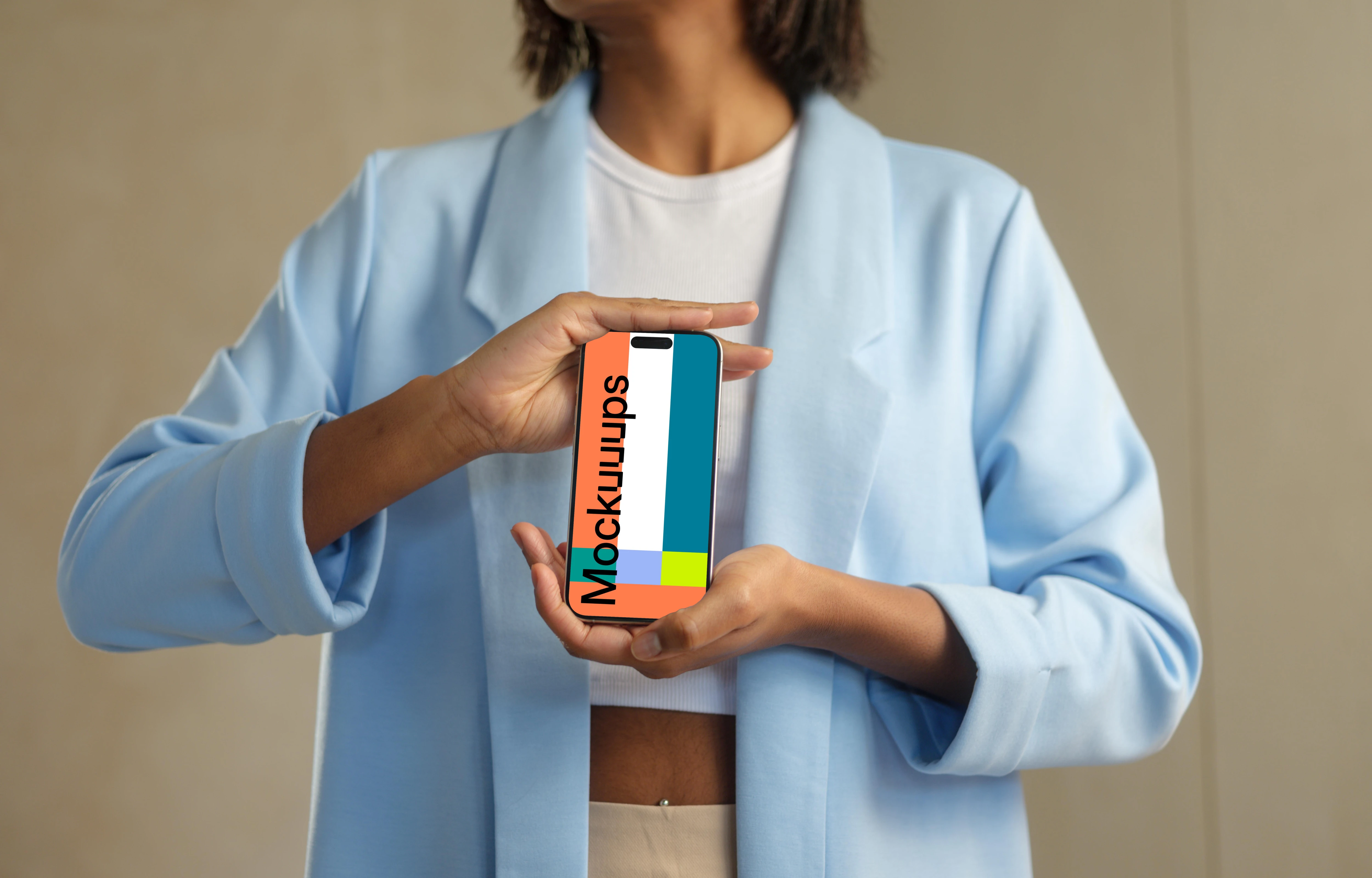 iPhone 15 Pro mockup in a woman's hands