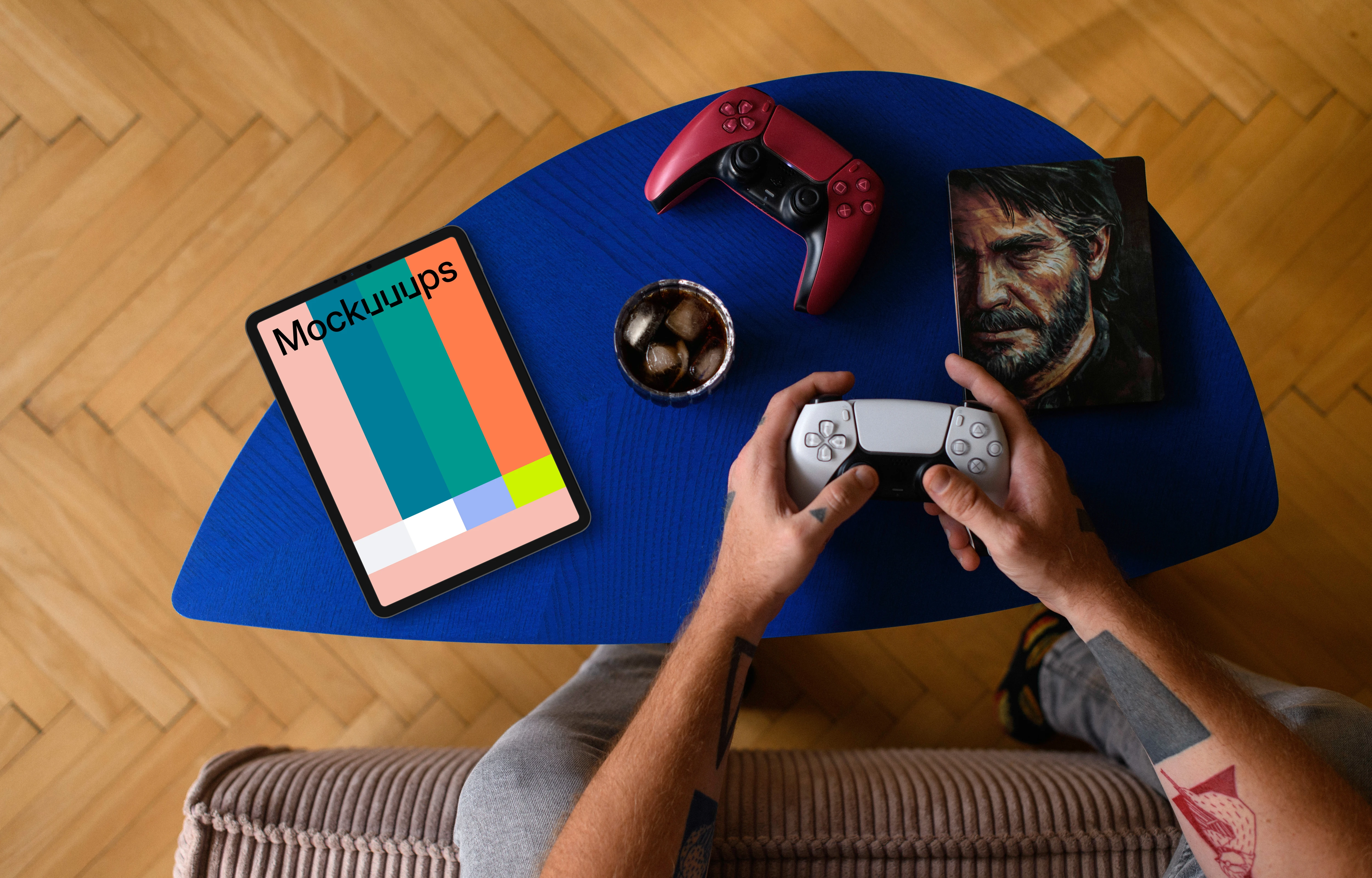 Tablet mockup on a cozy gamer's coffee table