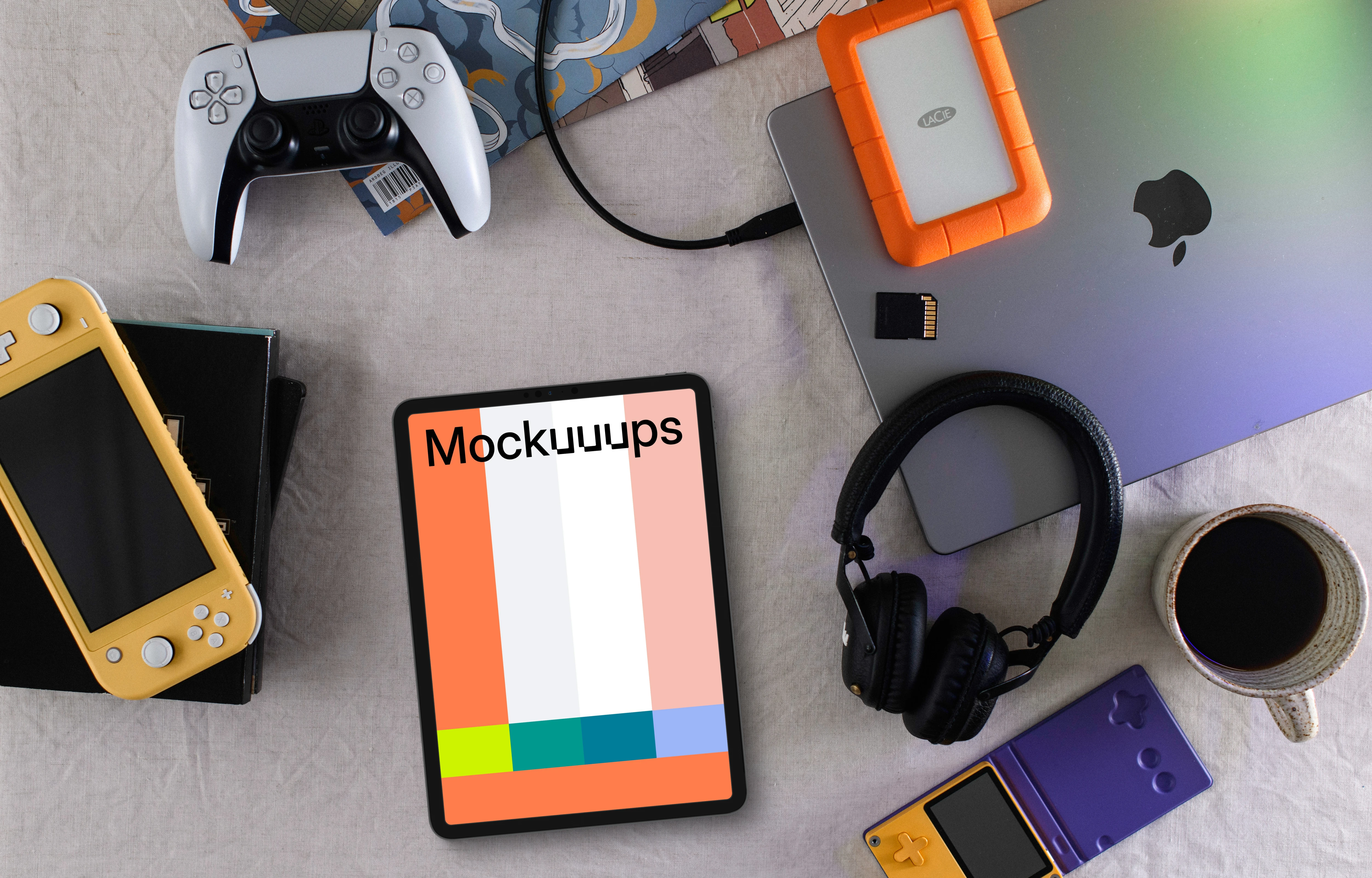 Tablet mockup on a tech-savvy gamer's desk