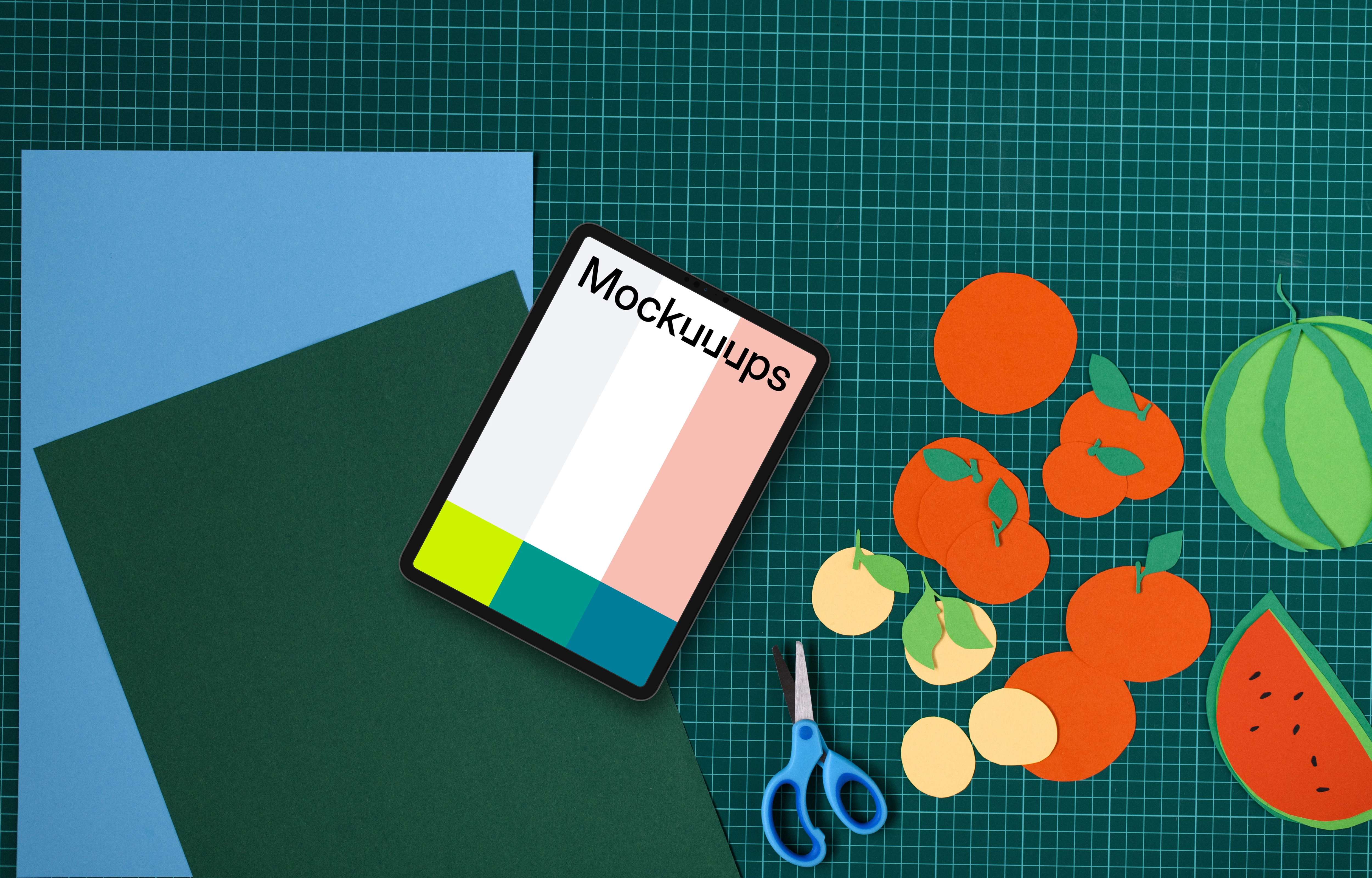 Tablet mockup with colorful paper fruit crafts