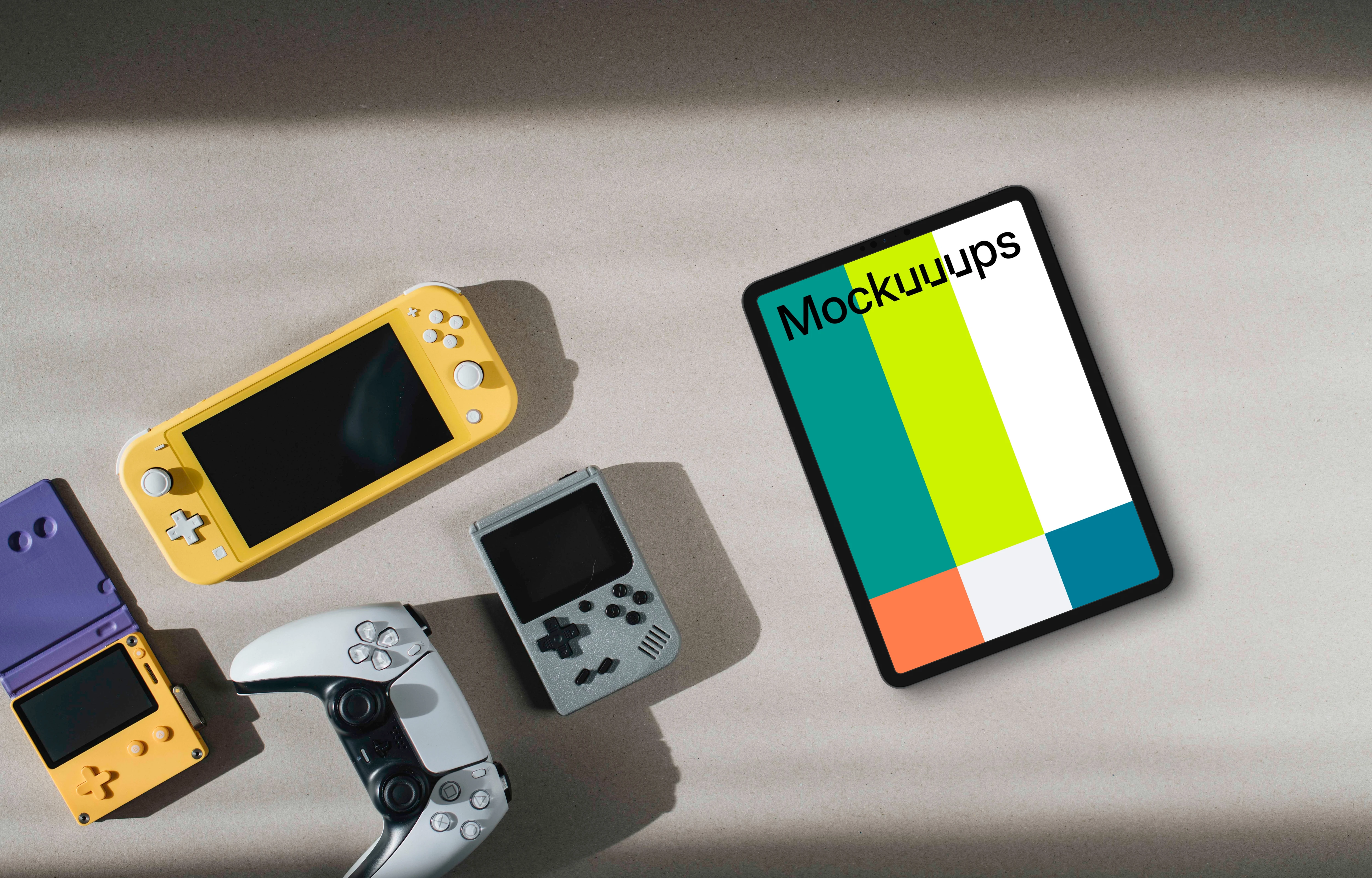 Tablet mockup with gaming consoles on a neutral background