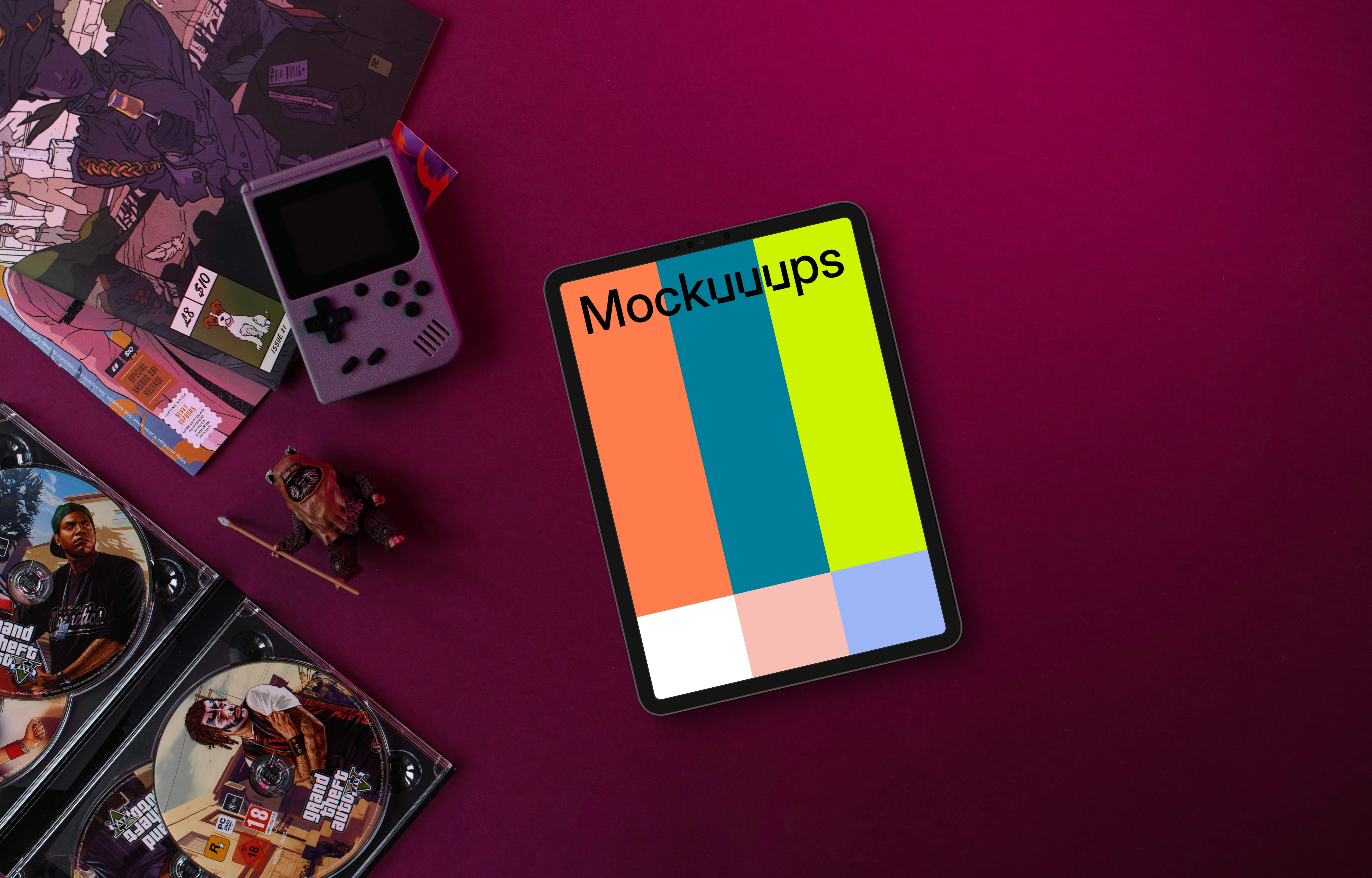 Tablet mockup with retro gaming and music theme