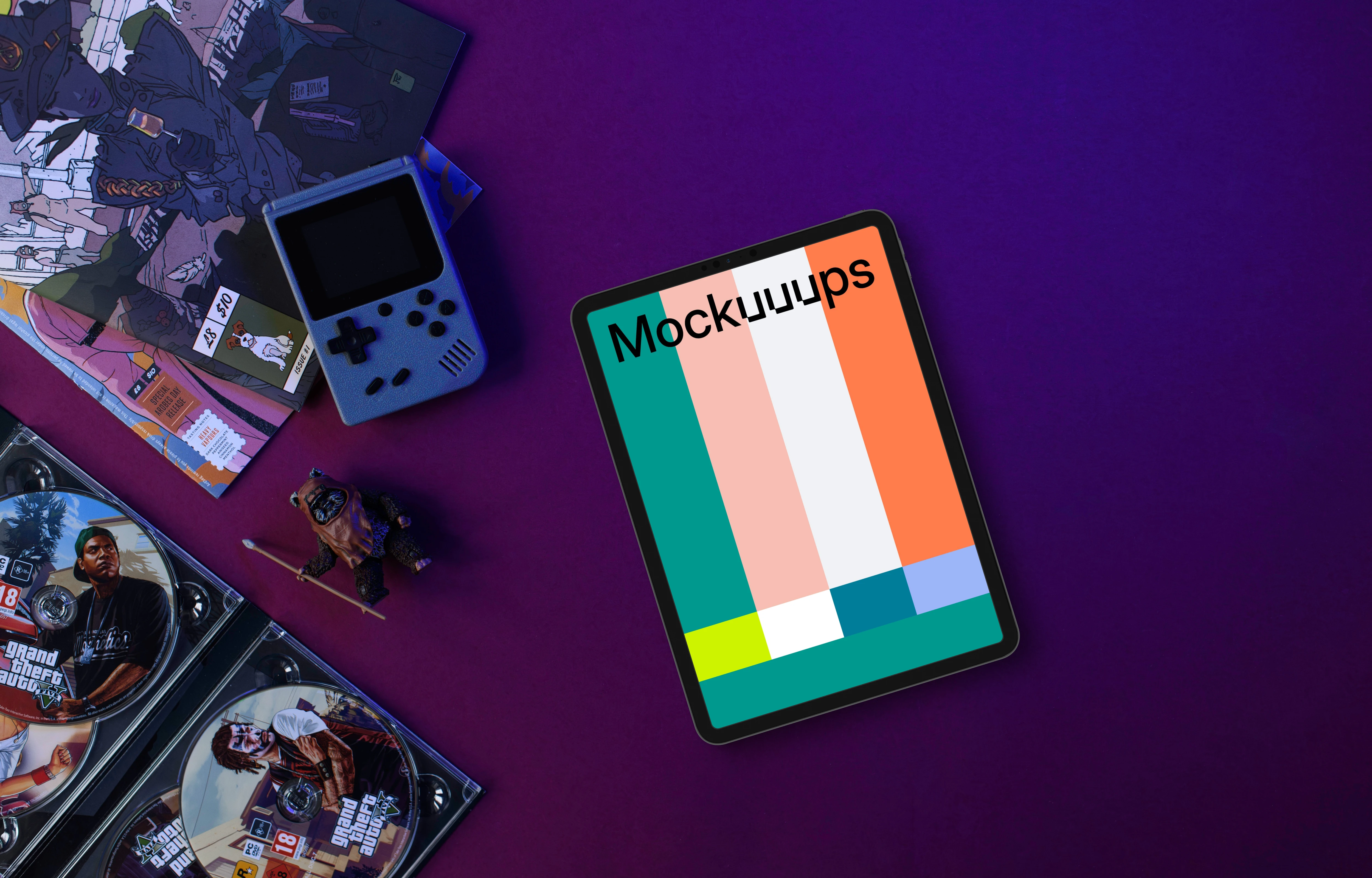 Tablet mockup with retro gaming theme