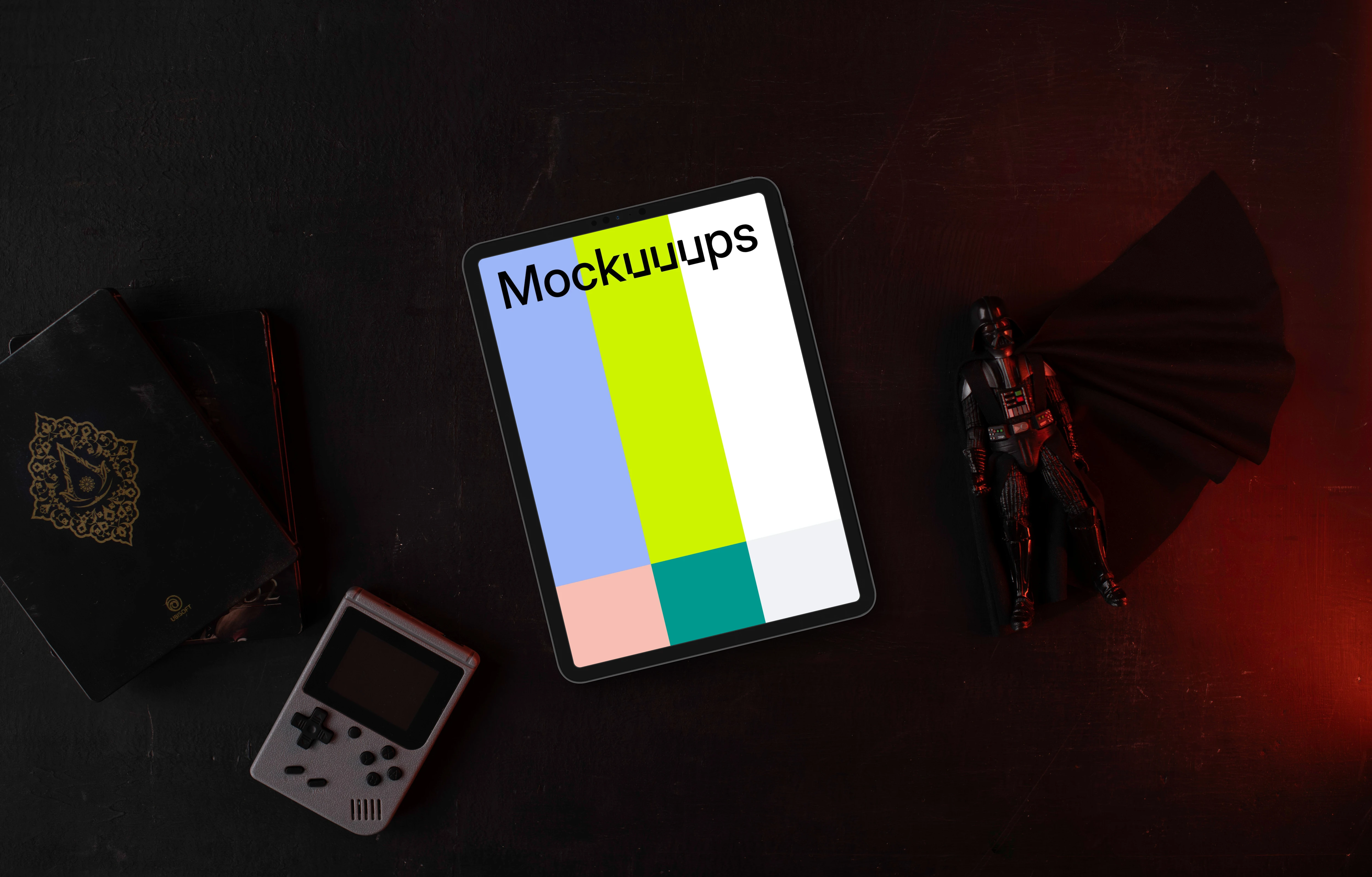Tablet mockup with themed collectibles on dark background