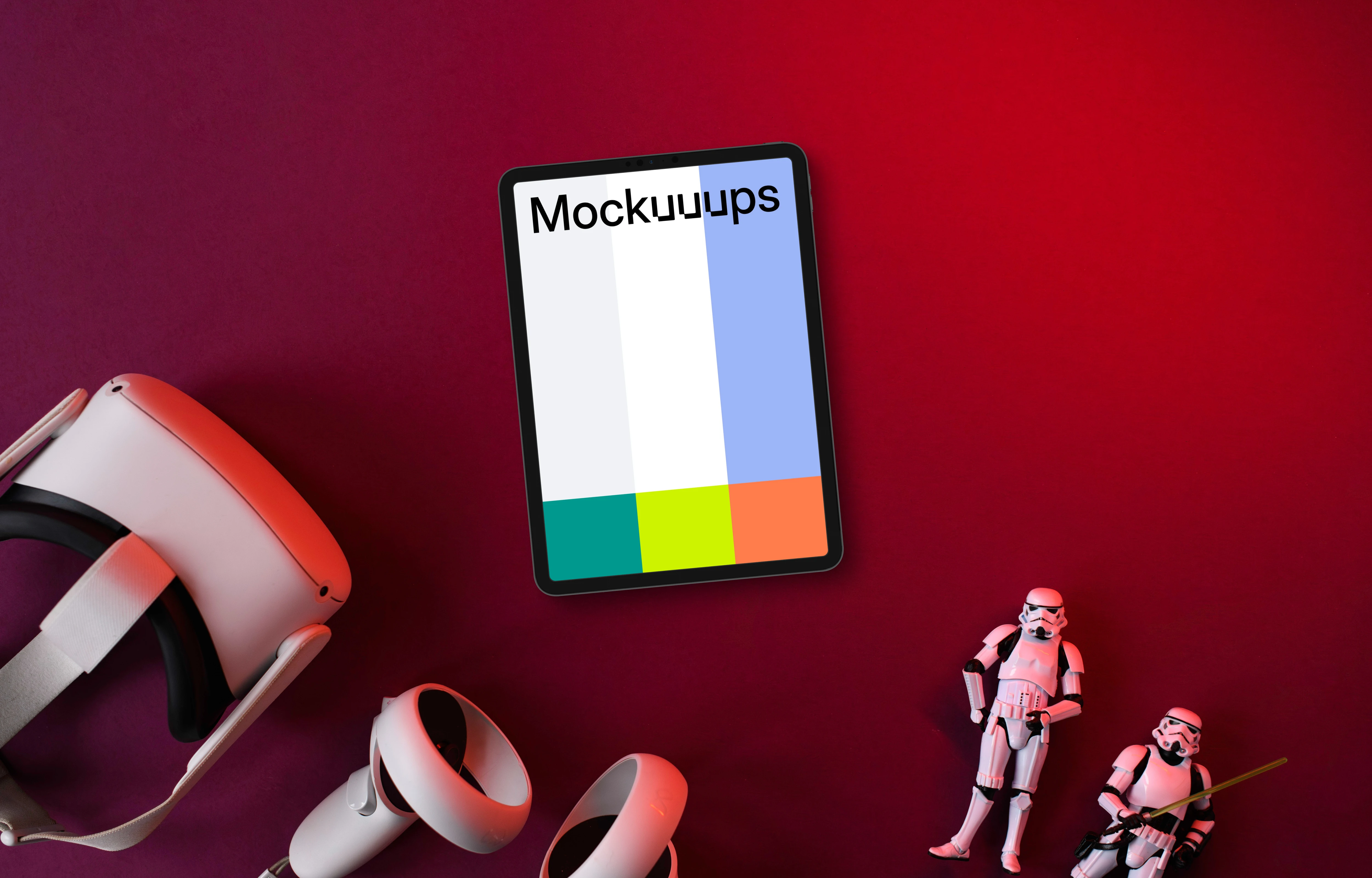 Tablet mockup with VR headset and action figures on burgundy backdrop