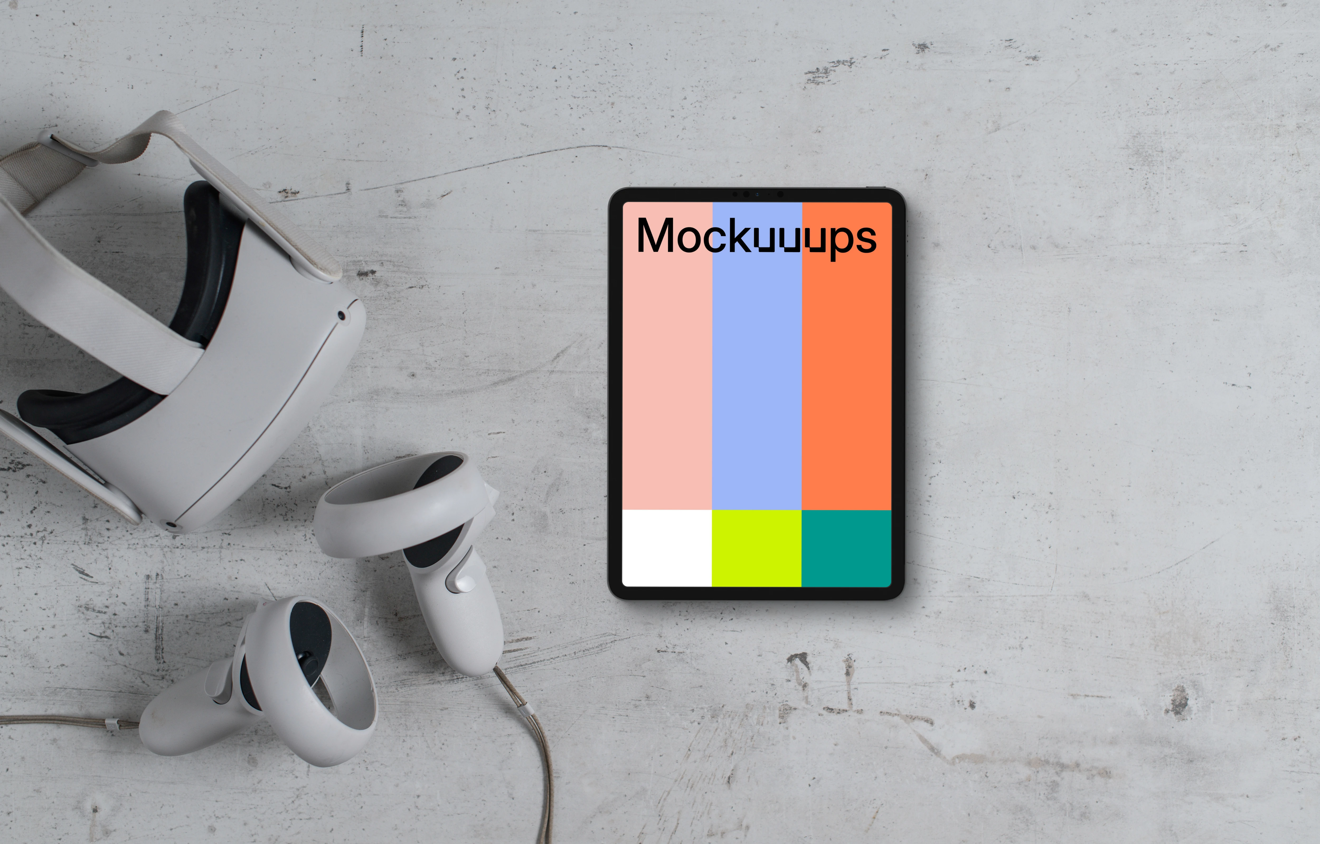 Tablet mockup with VR headset on textured background