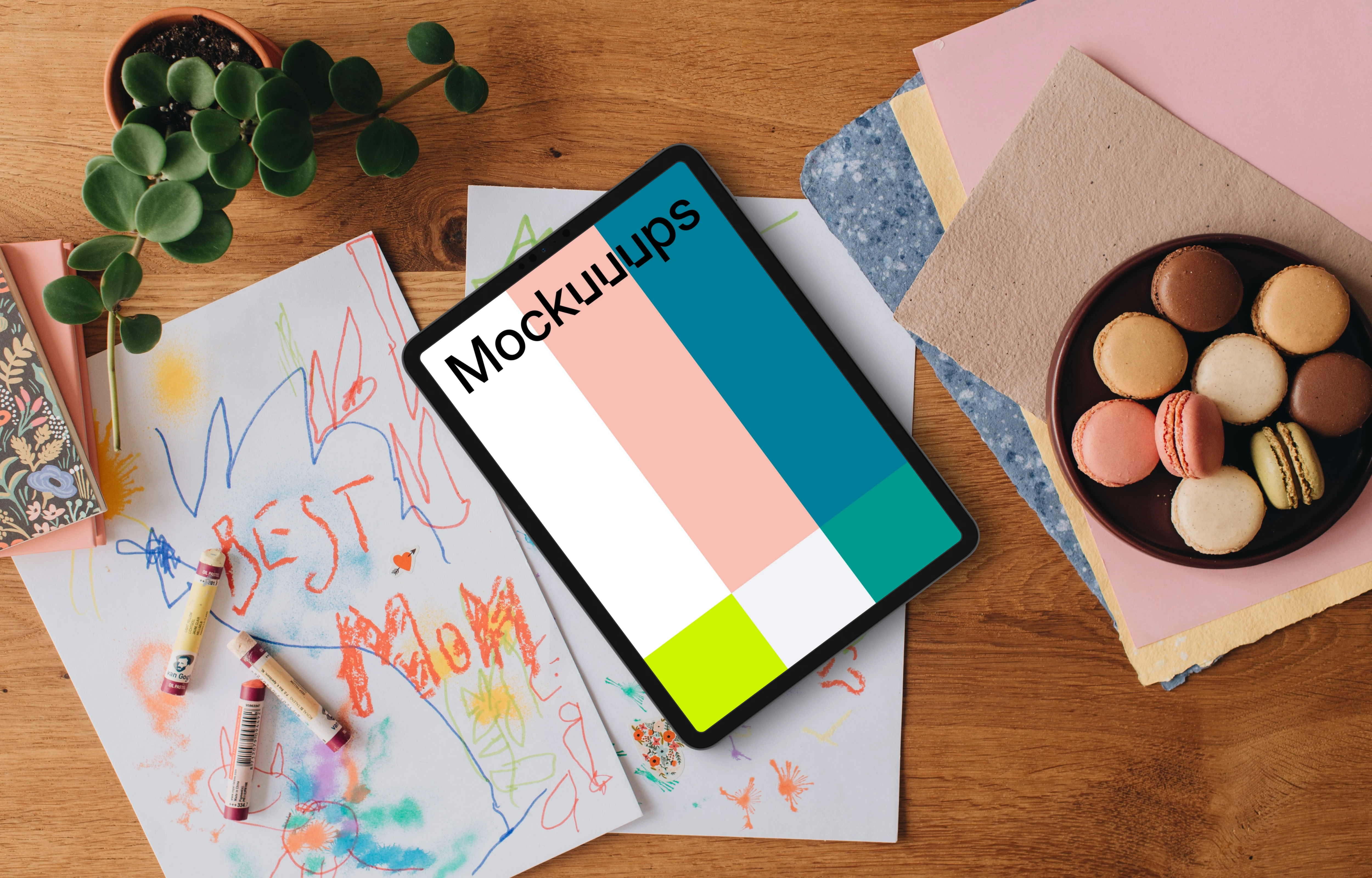 Tablet placed on scratched papers for Mother’s day