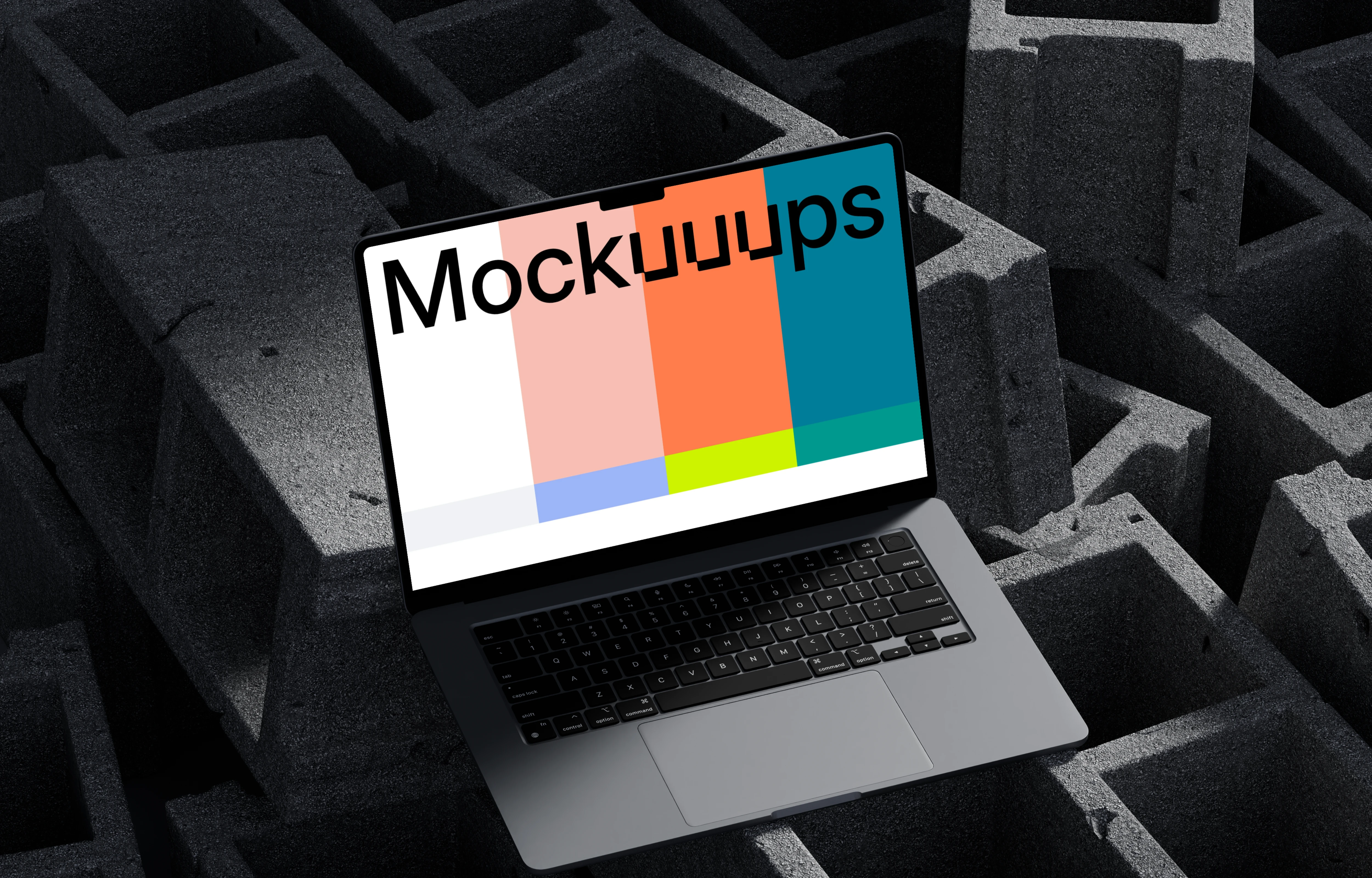 MacBook Pro mockup on isometric concrete blocks