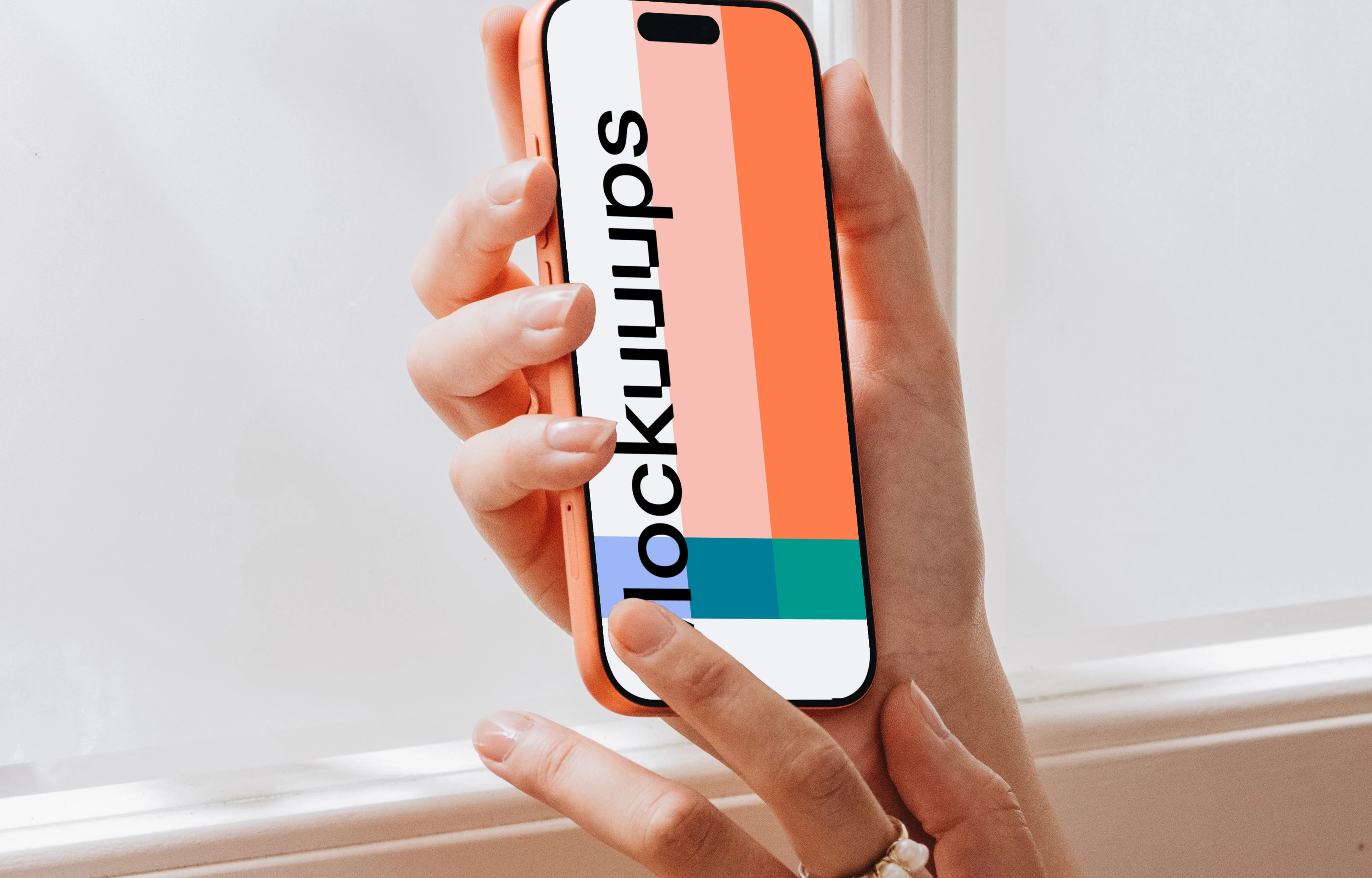 iPhone 17 Pro mockup held by a woman near a window