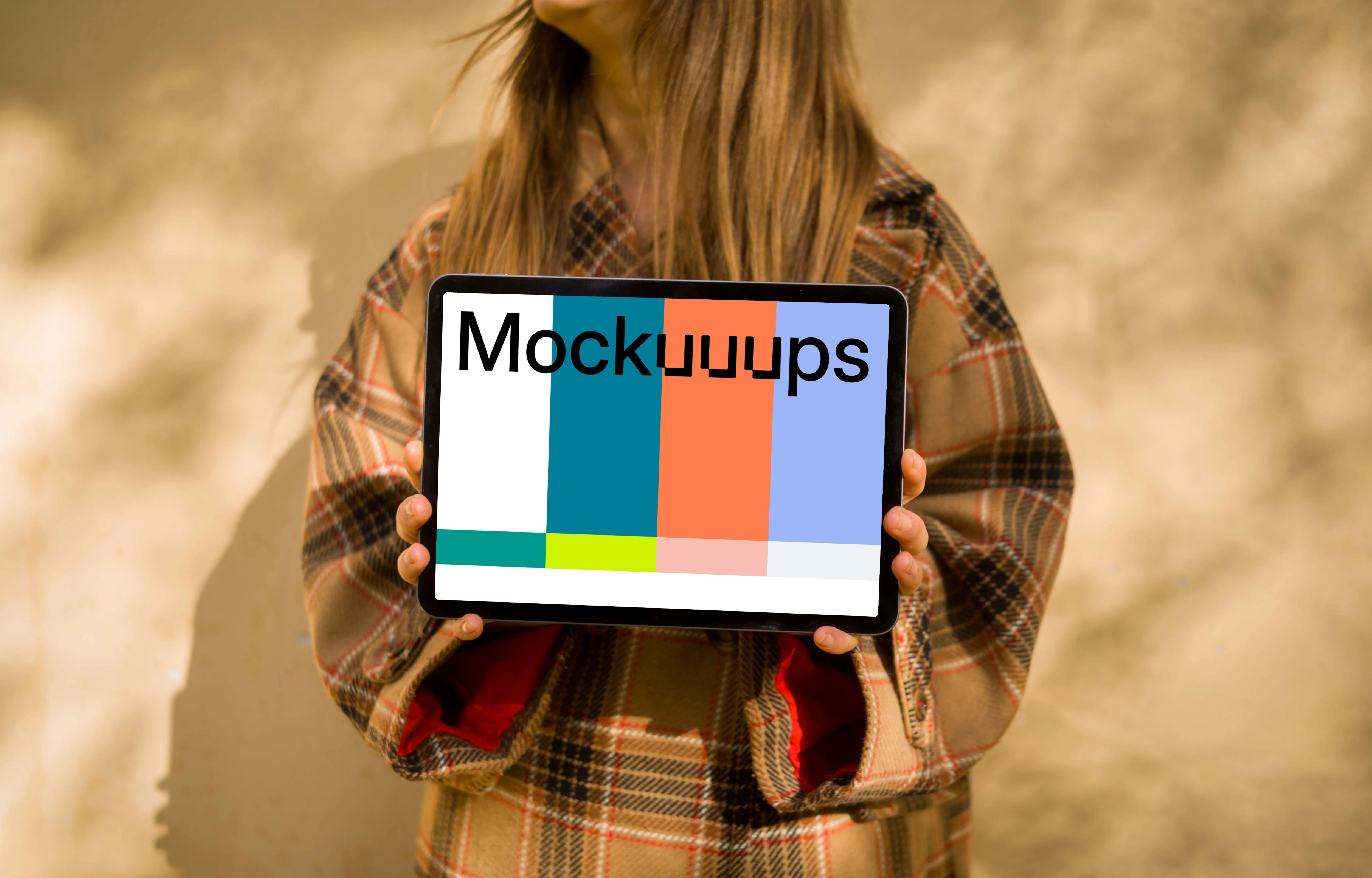 Woman in an autumn coat holding an iPad Air mockup
