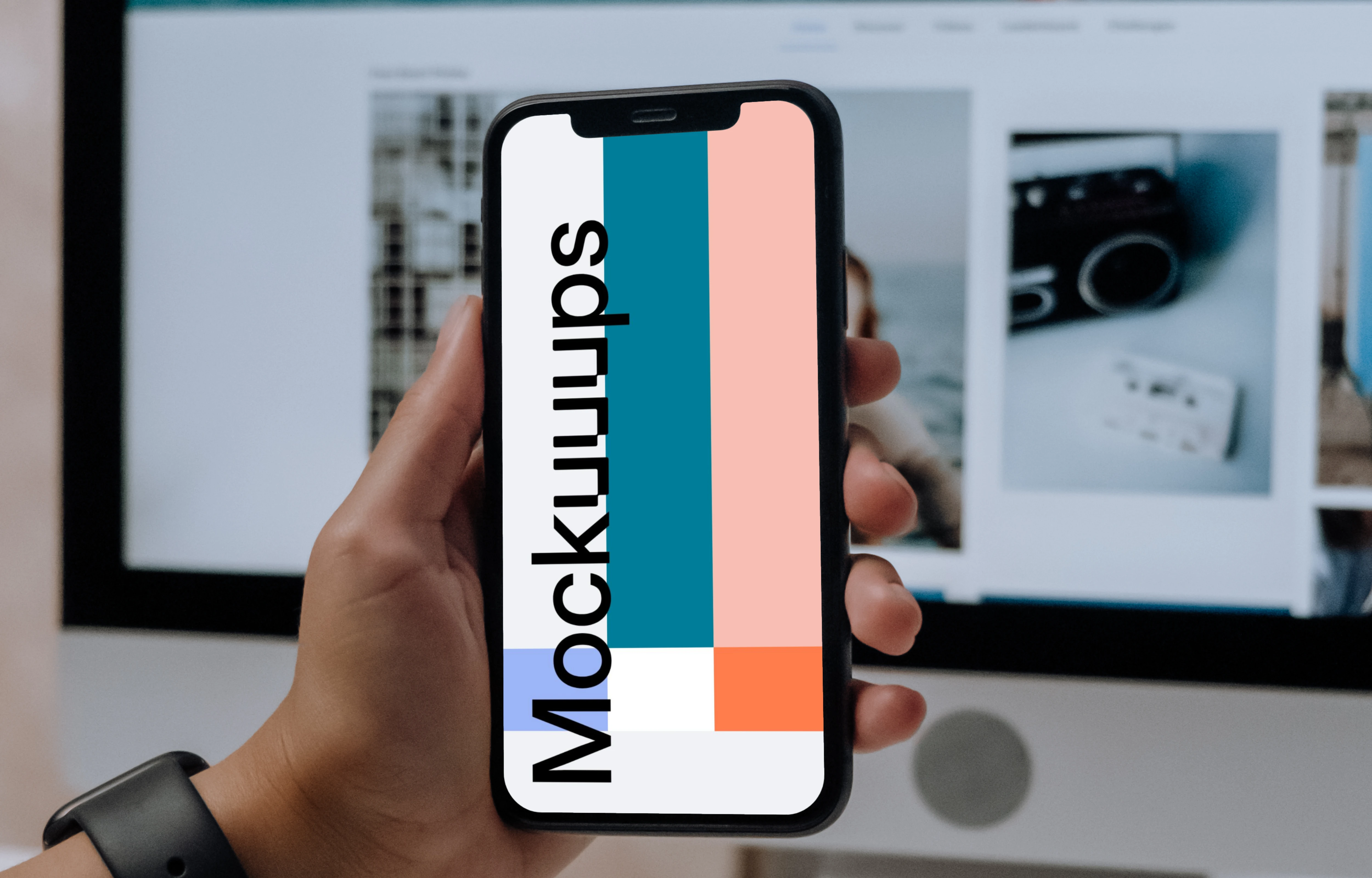 Hand holding an iPhone 12 mockup