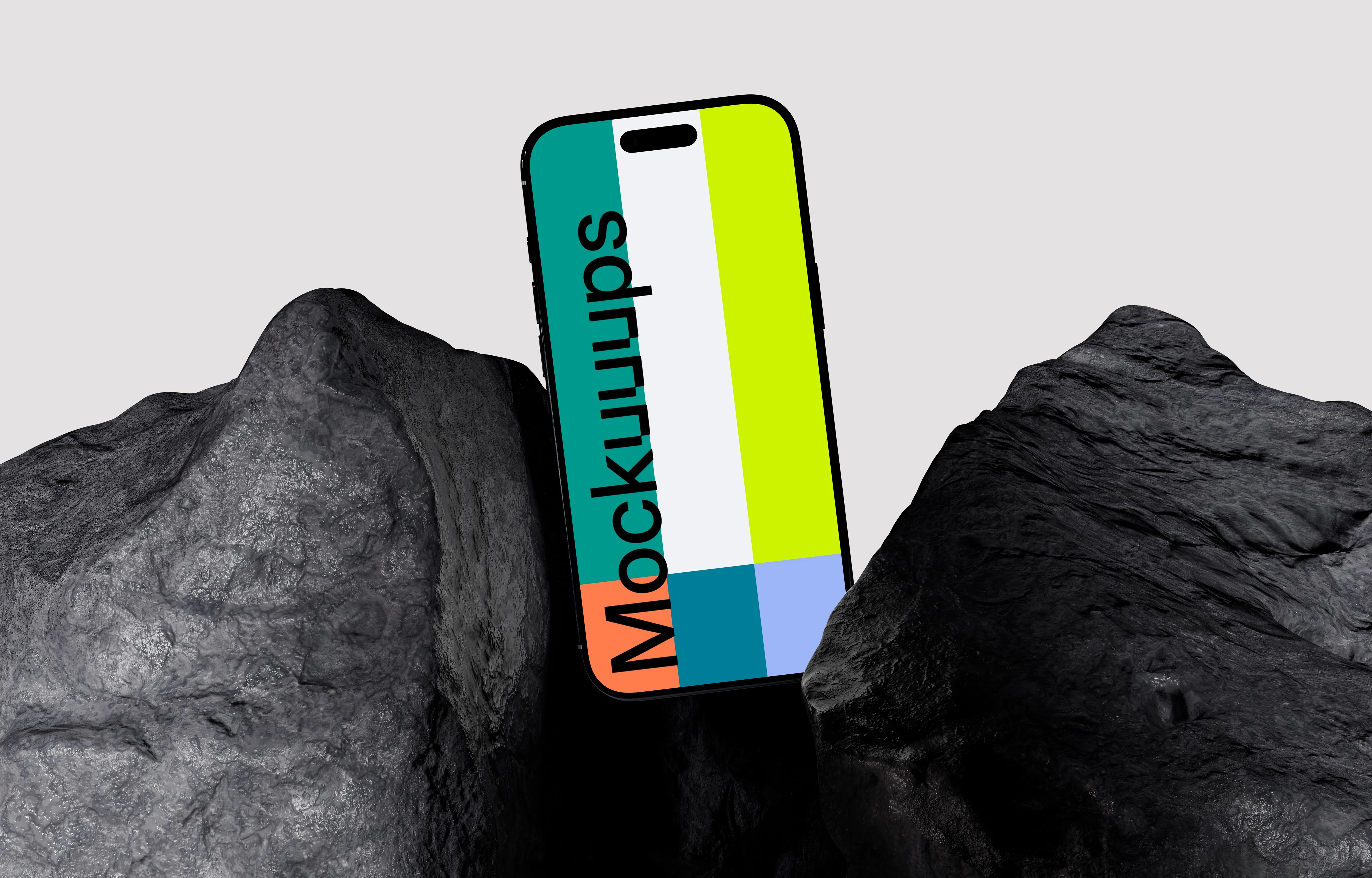 iPhone Air mockup between dark rocks