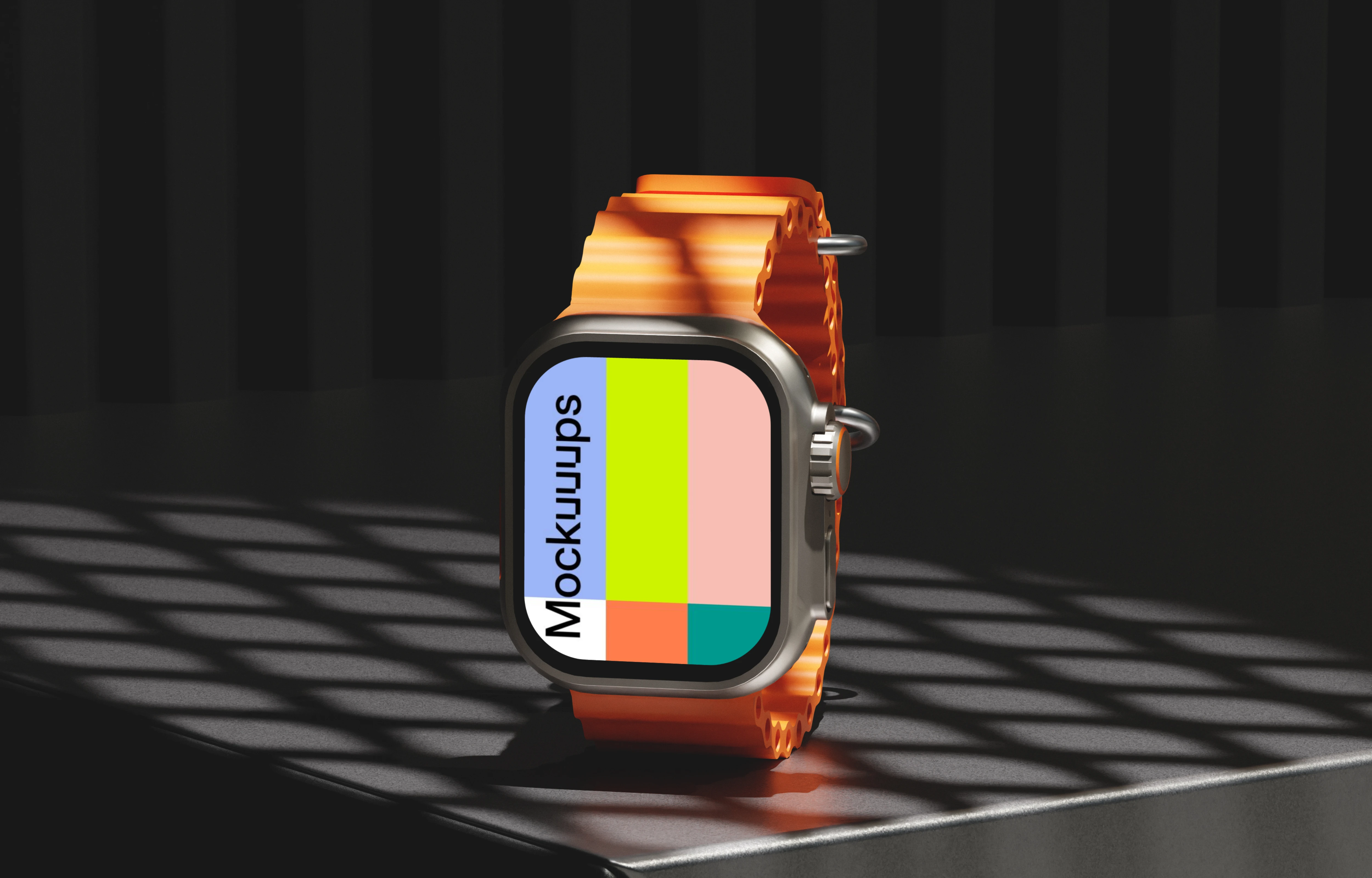 Apple Watch Ultra mockup with orange band on a modern surface