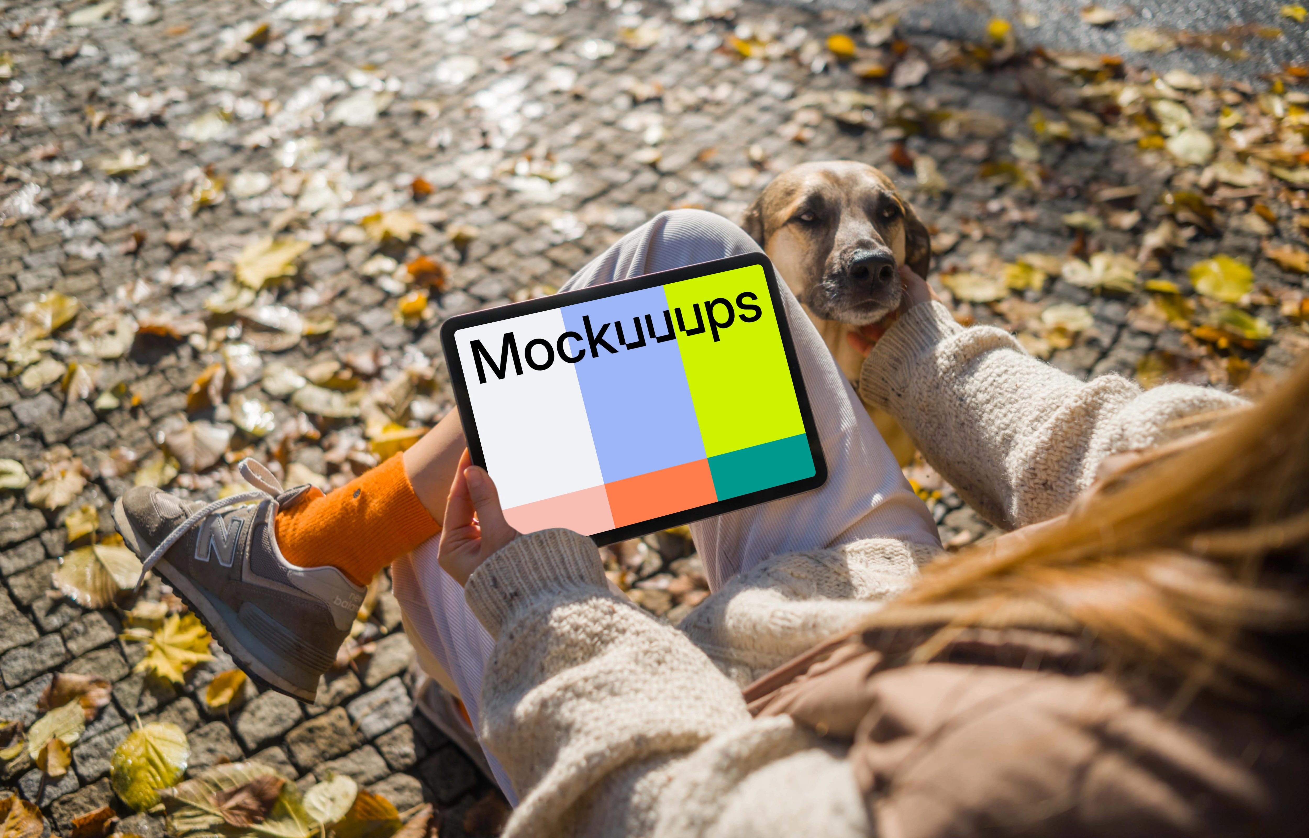 Woman holding a tablet in the park scratching dog mockup