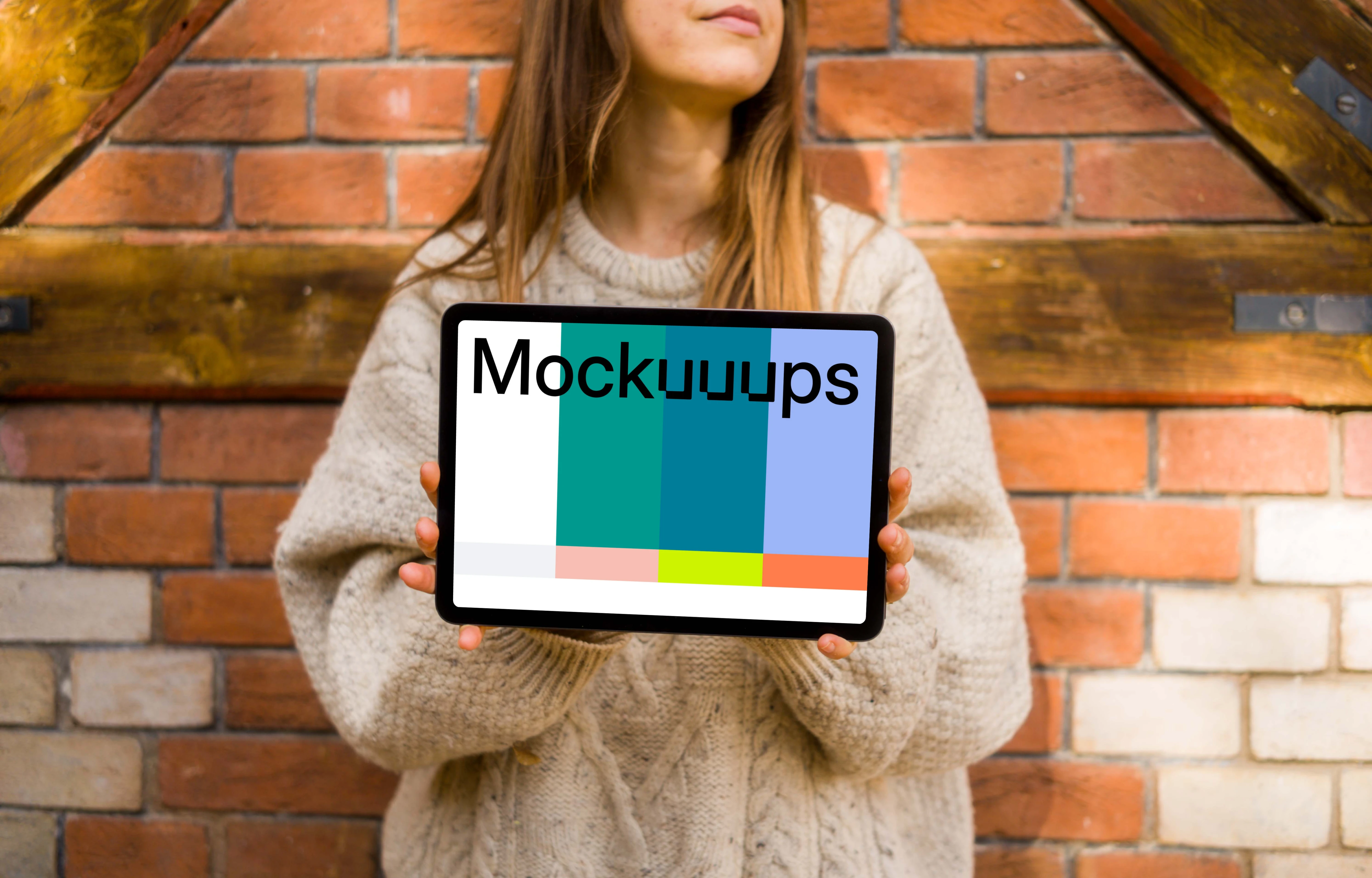 Woman holding an iPad in front of brickwall mockup