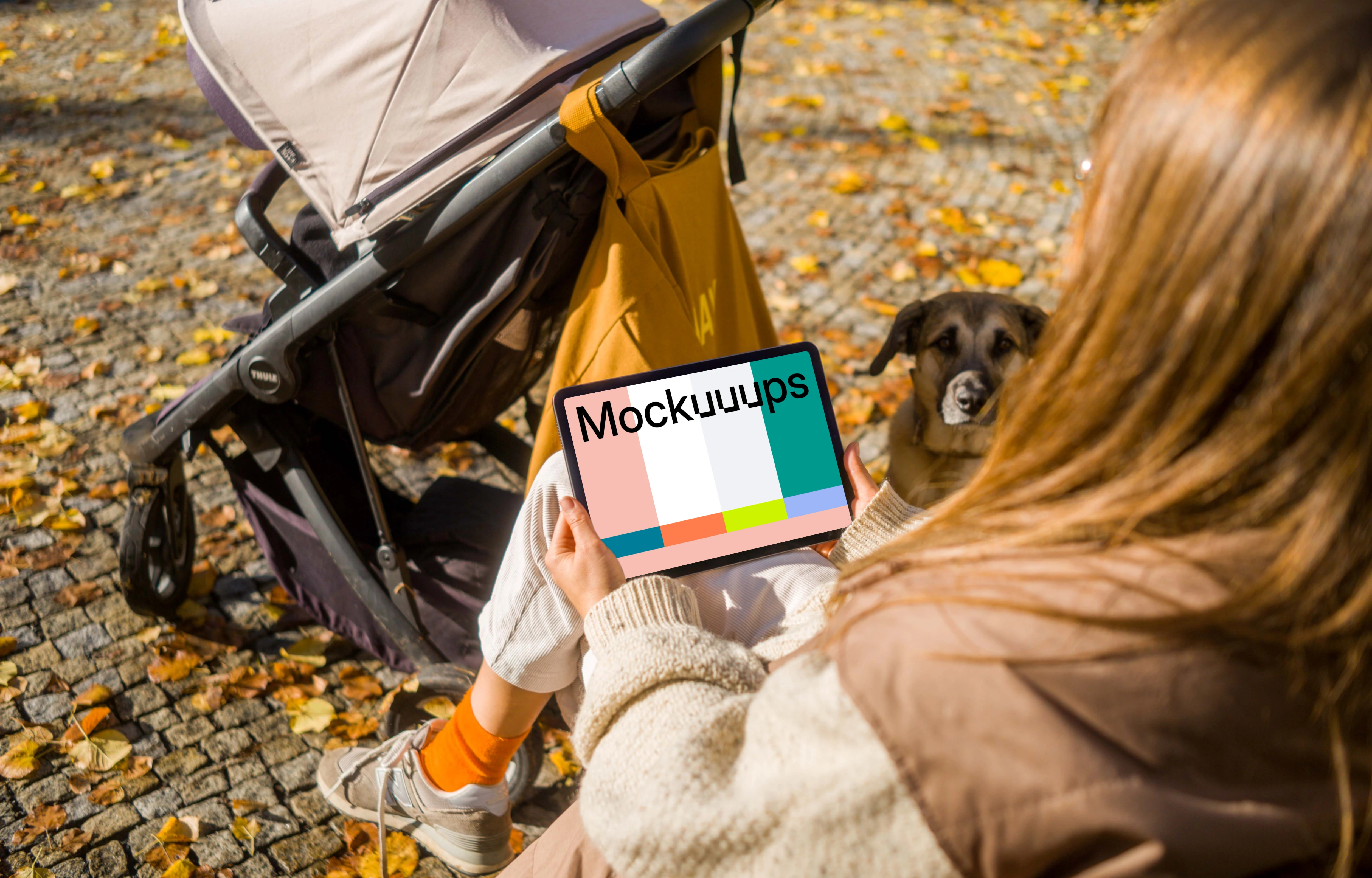 Woman sitting and holding an iPad Air in autumn themed park mockup