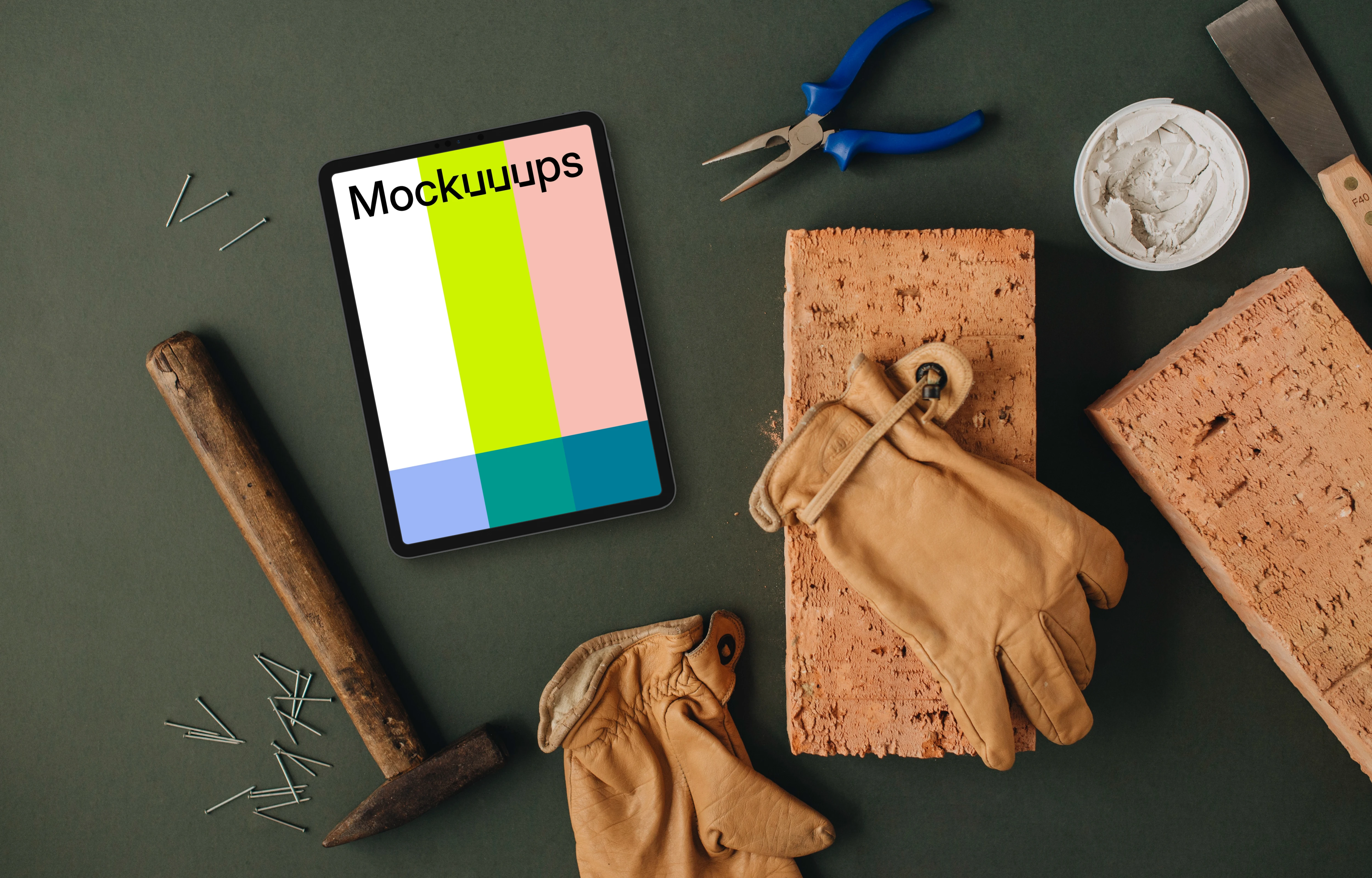 Workshop supplies and a tablet mockup