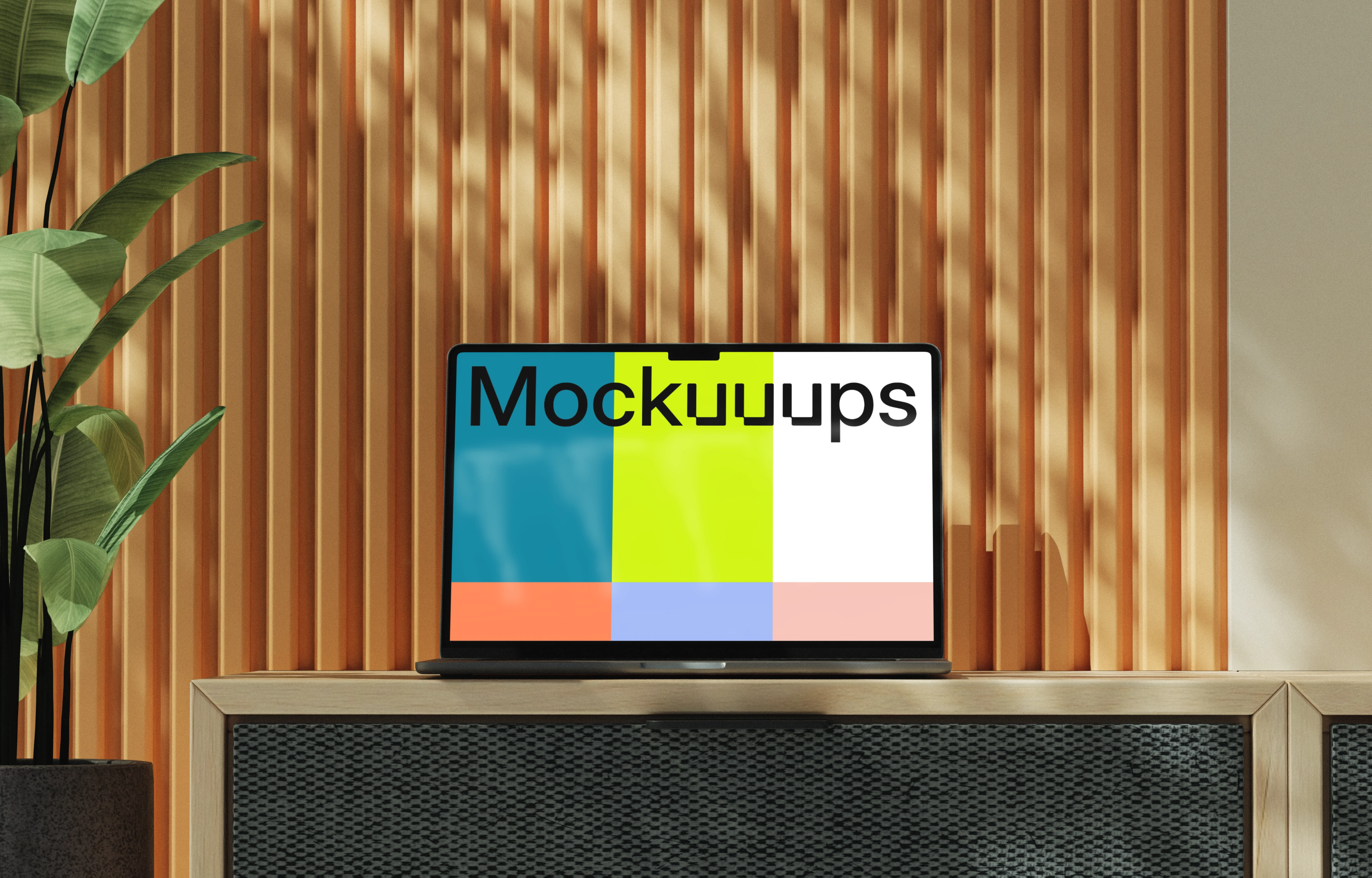 MacBook Air mockup on a wooden console