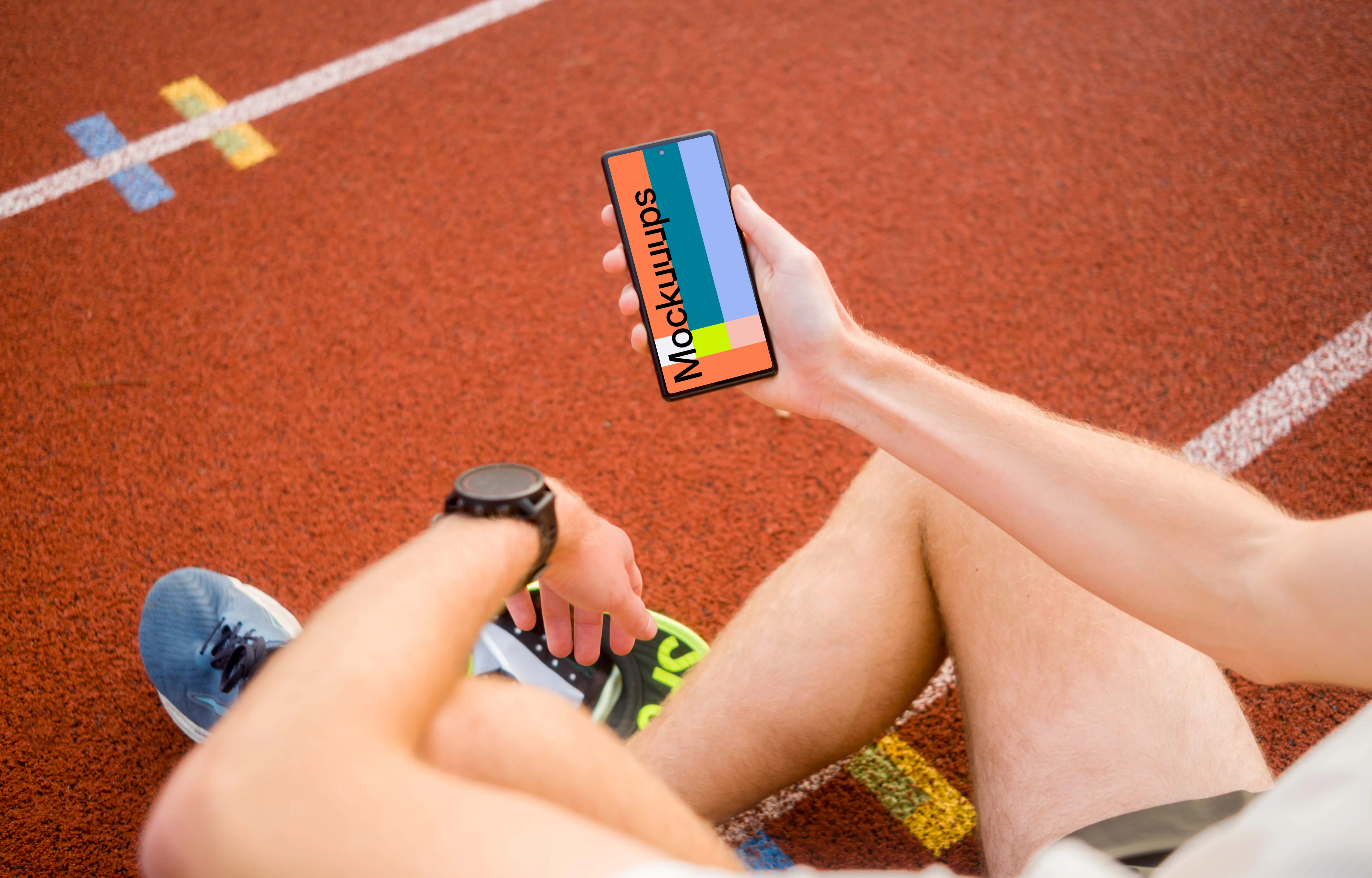 Athlete holding a phone mockup