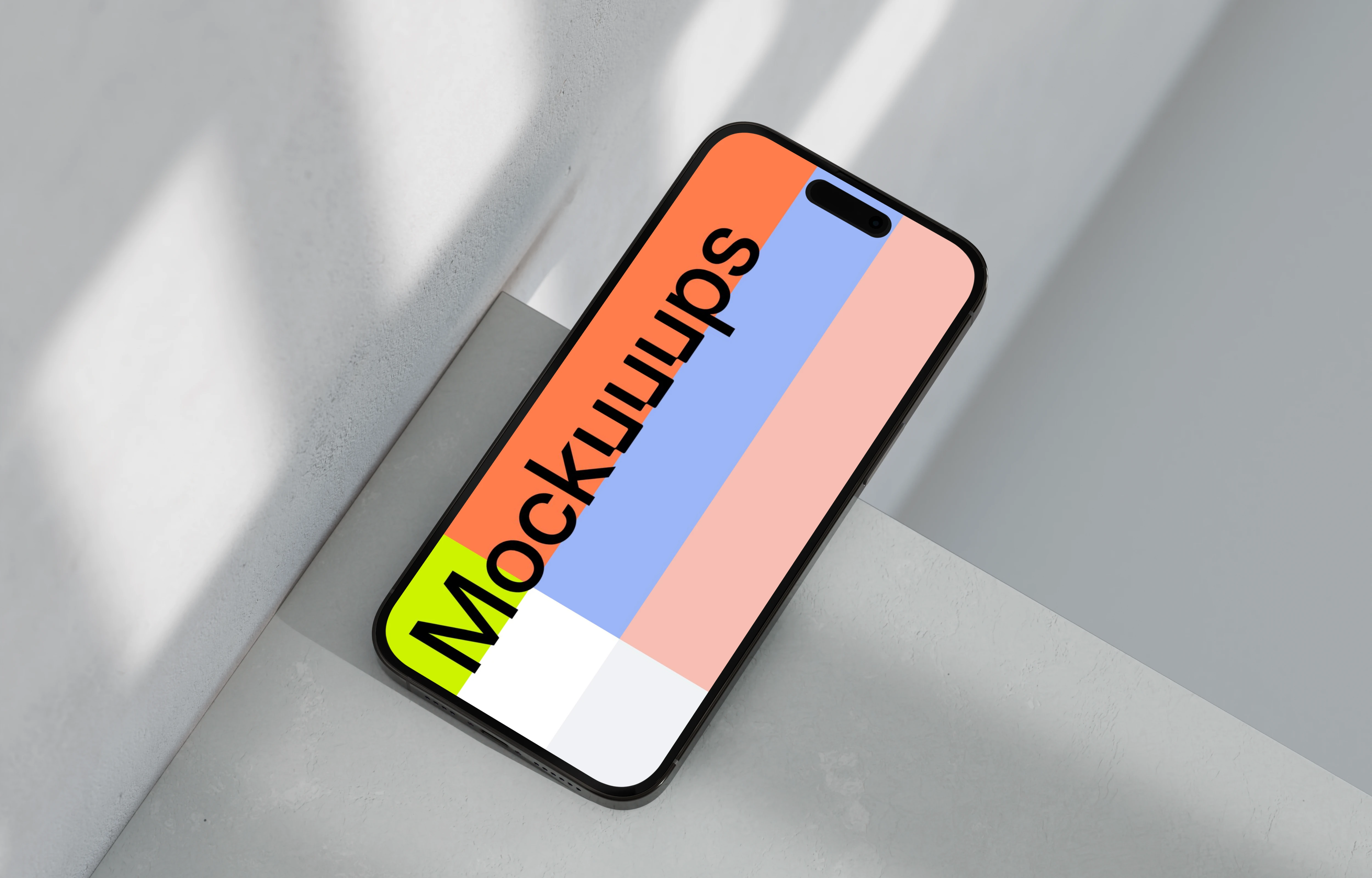 iPhone 16 mockup on marble with shadows