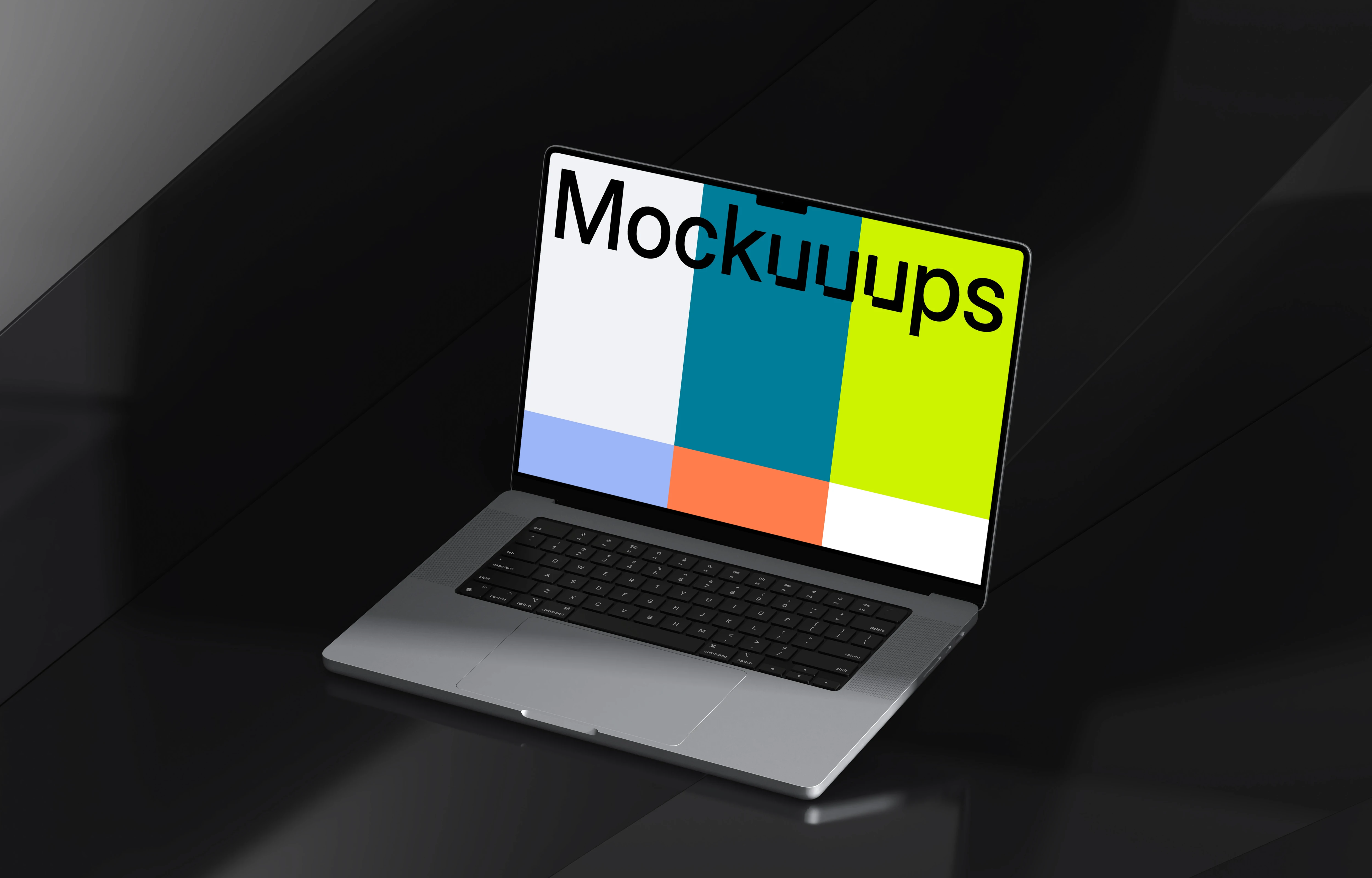 MacBook Pro 16 inch Mockup on a Glossy Black Surface