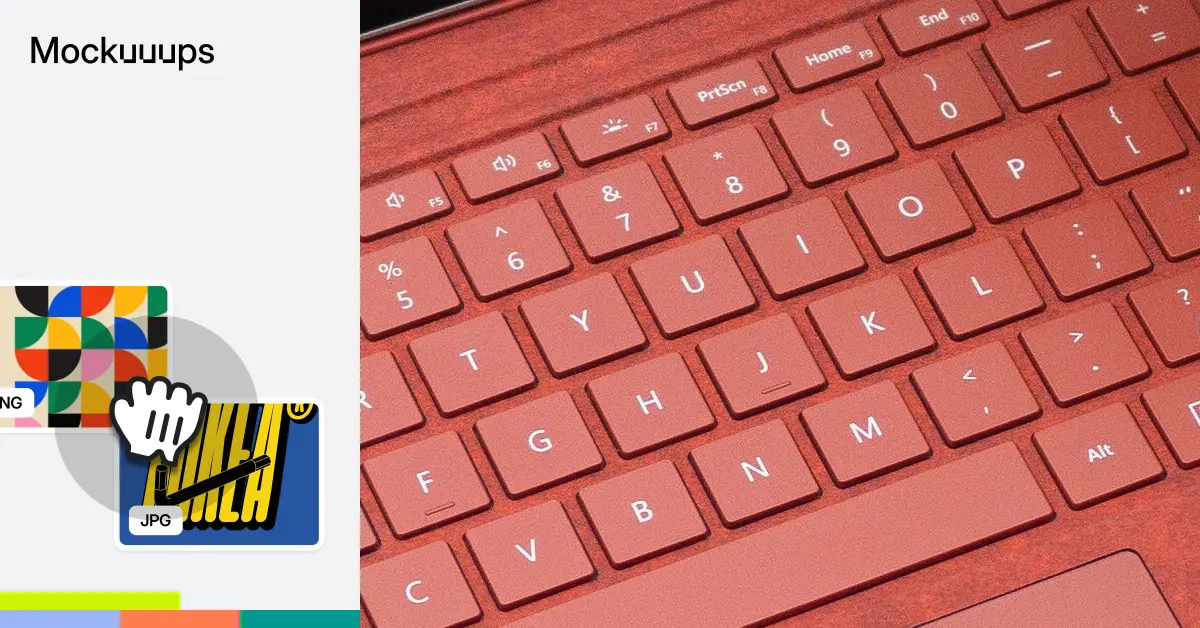 Red Microsoft Surface Laptop mockup held in a users lap Mockuuups Studio