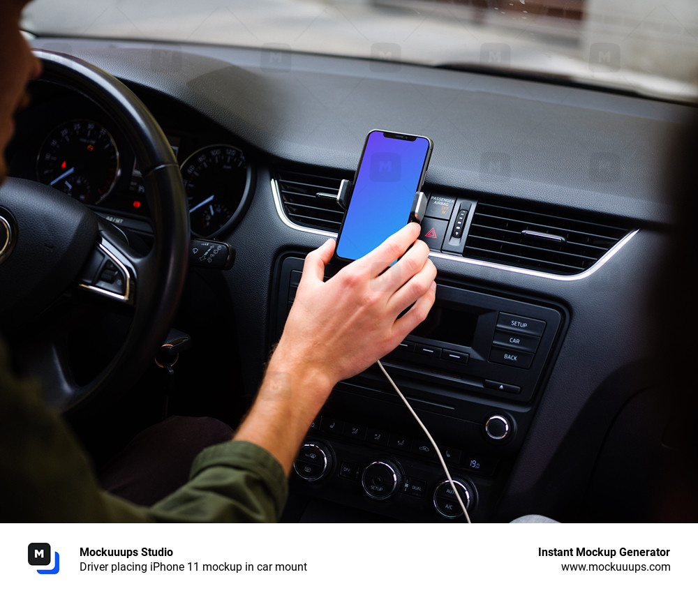 Driver placing iPhone 11 mockup in car mount