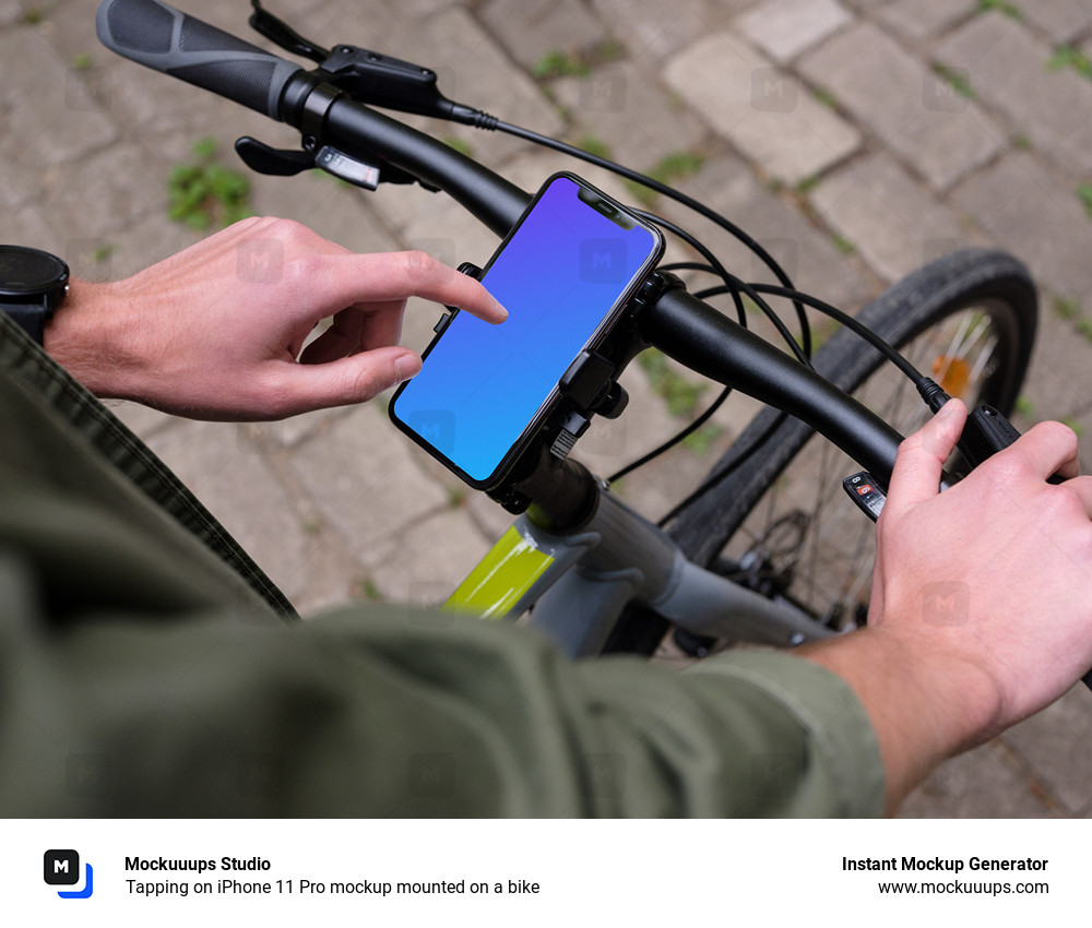 Tapping on iPhone 11 Pro mockup mounted on a bike