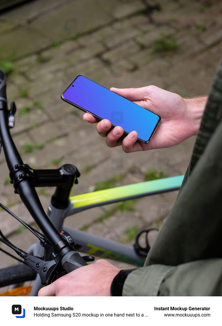 Holding Samsung S20 mockup in one hand next to a bike
