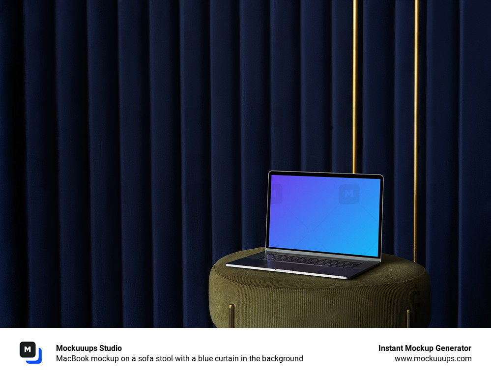 MacBook mockup on a sofa stool with a blue curtain in the background