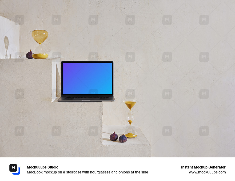 MacBook mockup on a staircase with hourglasses and onions at the side