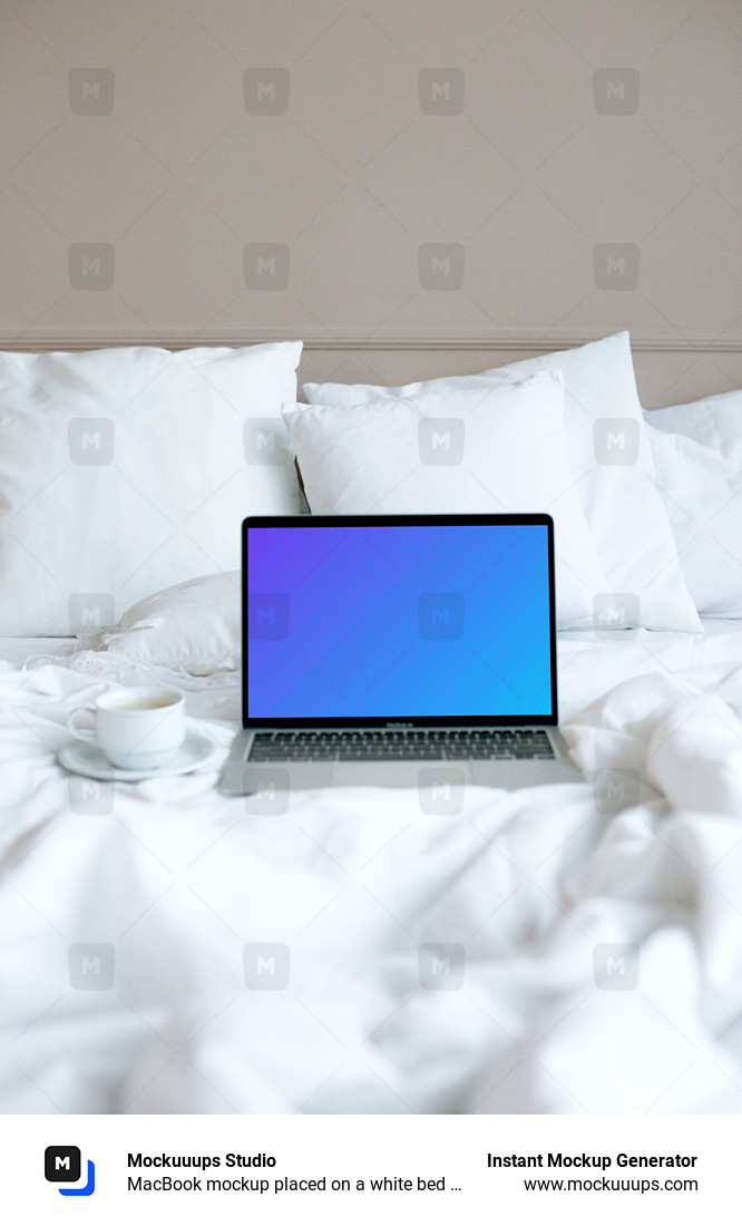 MacBook mockup placed on a white bed with a cup of coffee at the side