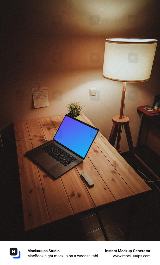 MacBook night mockup on a wooden table with a lamp by the side
