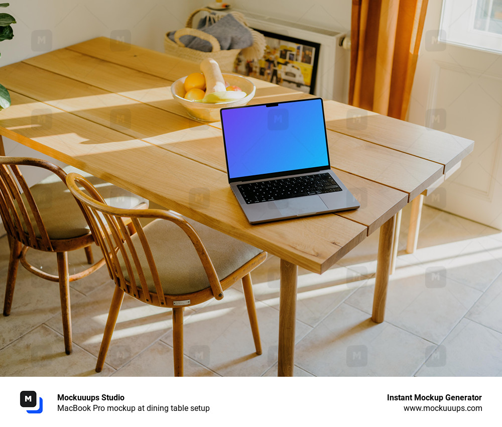 MacBook Pro mockup at dining table setup
