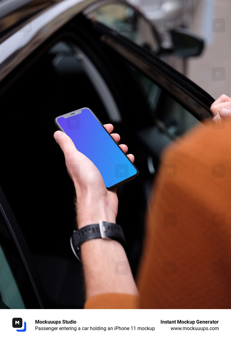 Passenger entering a car holding an iPhone 11 mockup