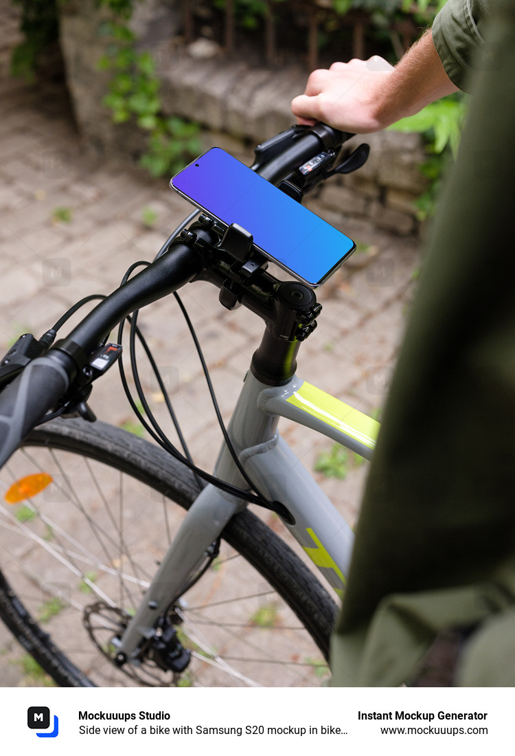 Side view of a bike with Samsung S20 mockup in bike mount