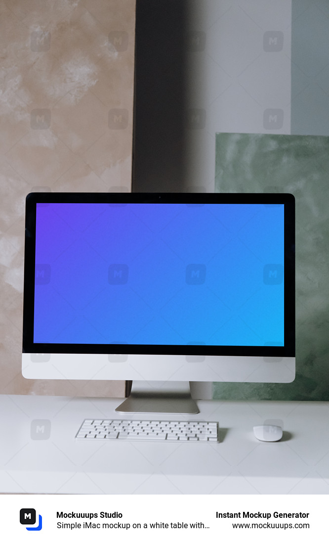 Simple iMac mockup on a white table with a wireless keyboard and a mouse
