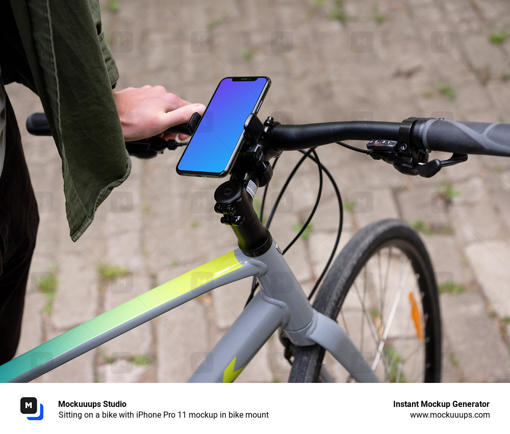 Sitting on a bike with iPhone Pro 11 mockup in bike mount