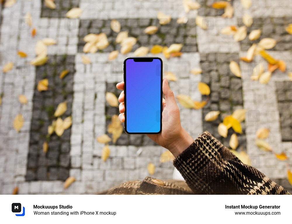 Woman standing with iPhone X mockup