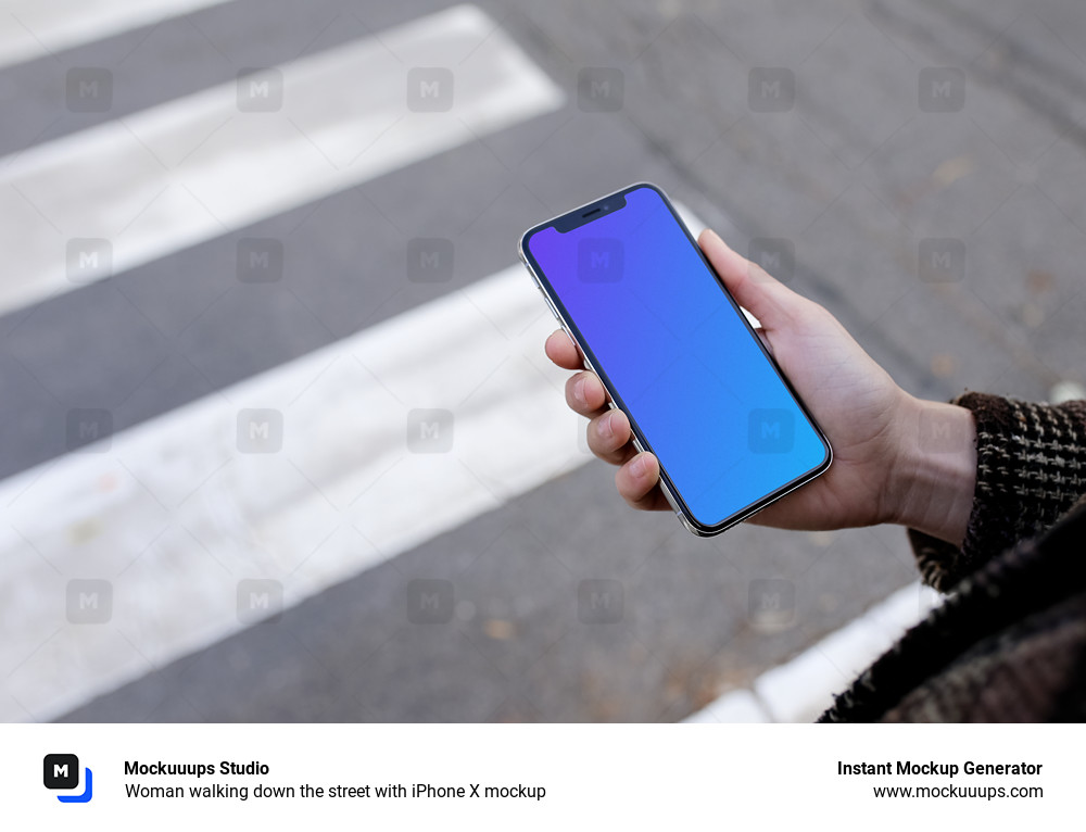 Woman walking down the street with iPhone X mockup