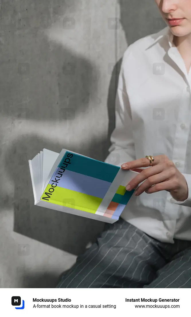 A-format book mockup in a casual setting