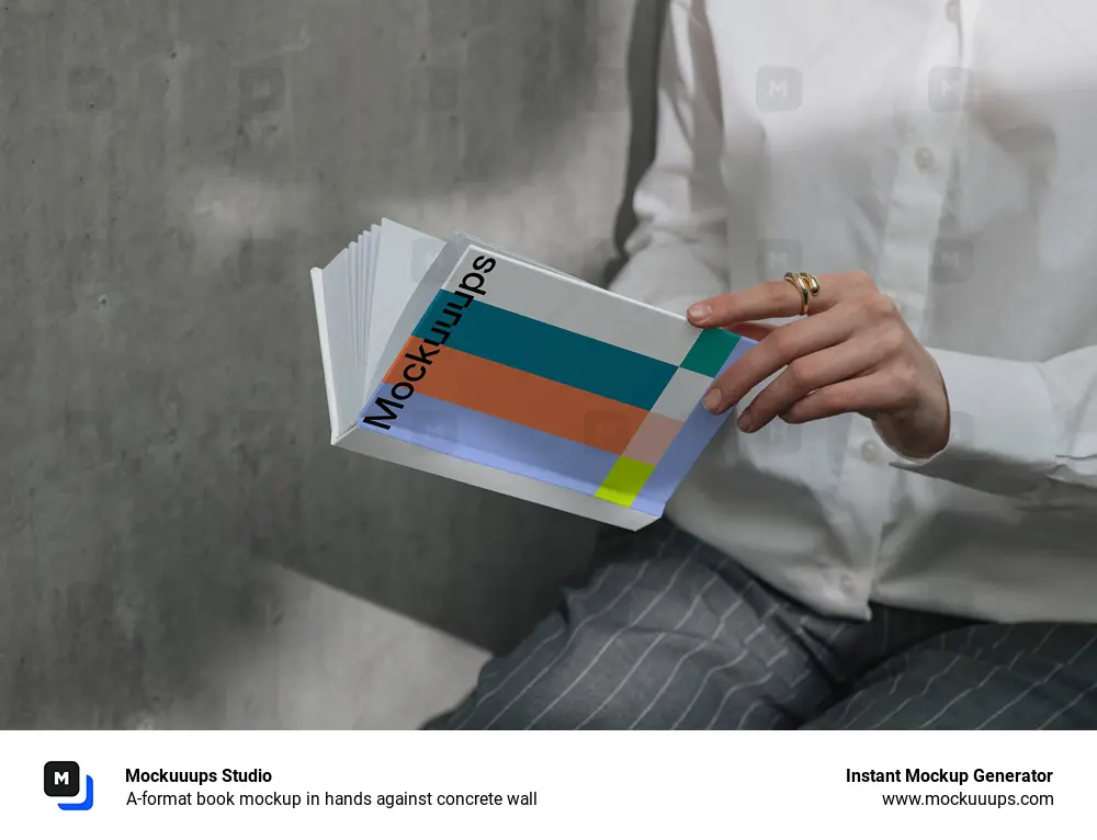 A-format book mockup in hands against concrete wall