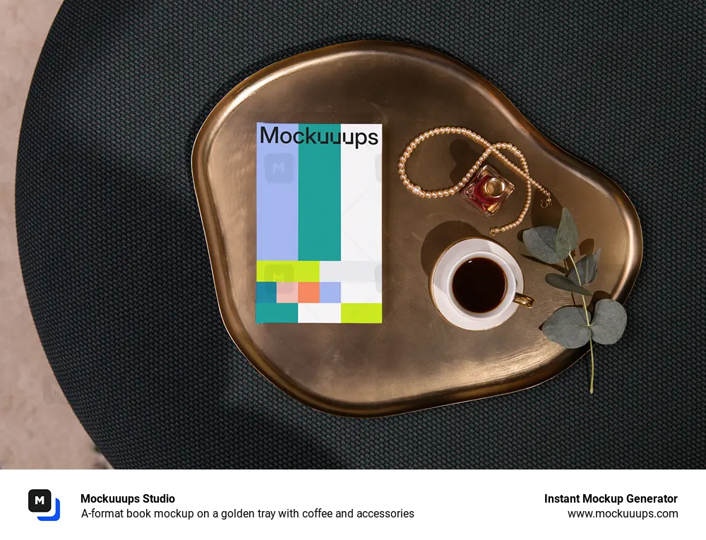 A-format book mockup on a golden tray with coffee and accessories